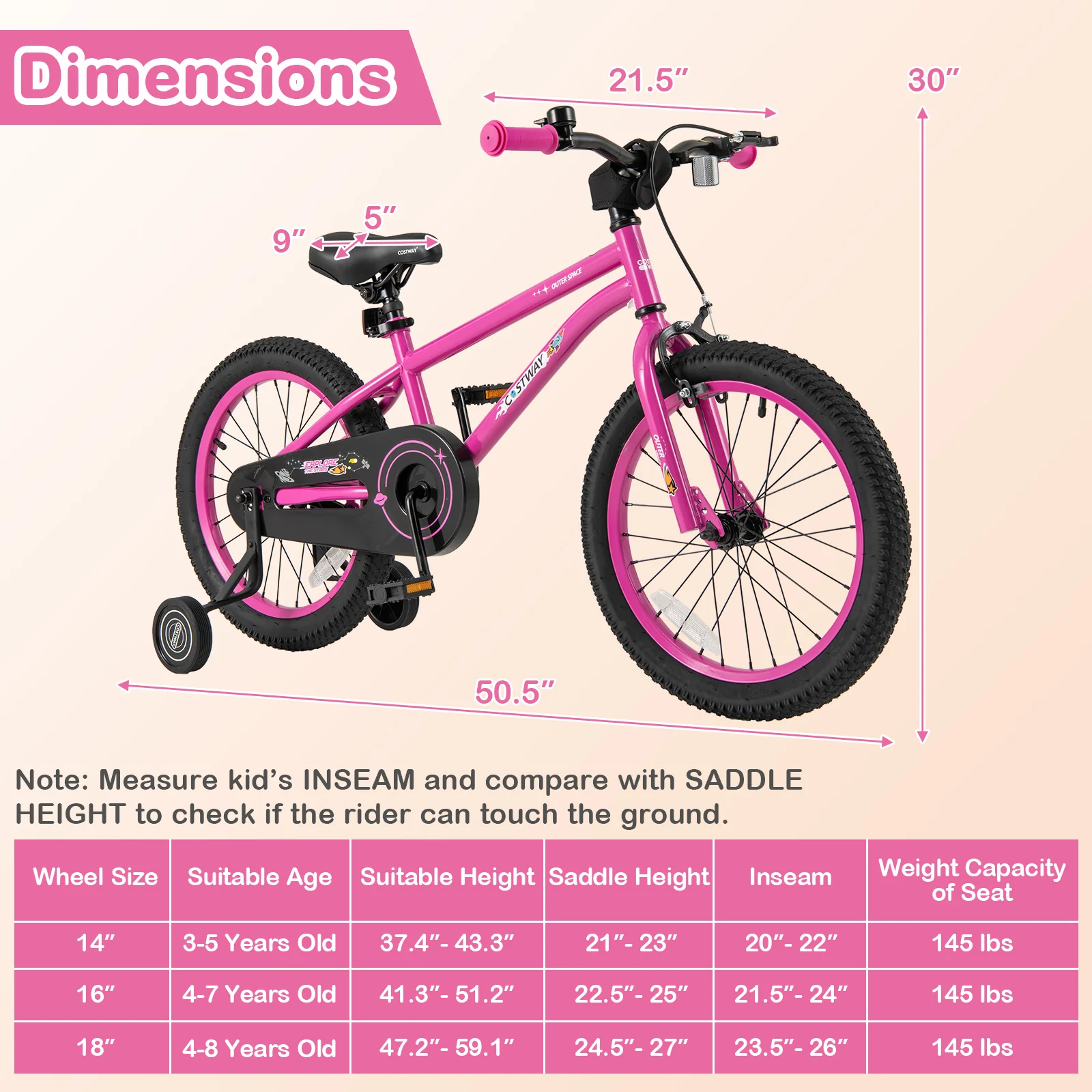 18 Inch Kids Bike, Adjustable For 4-8 Years With Training Wheels, Pink - Image 5