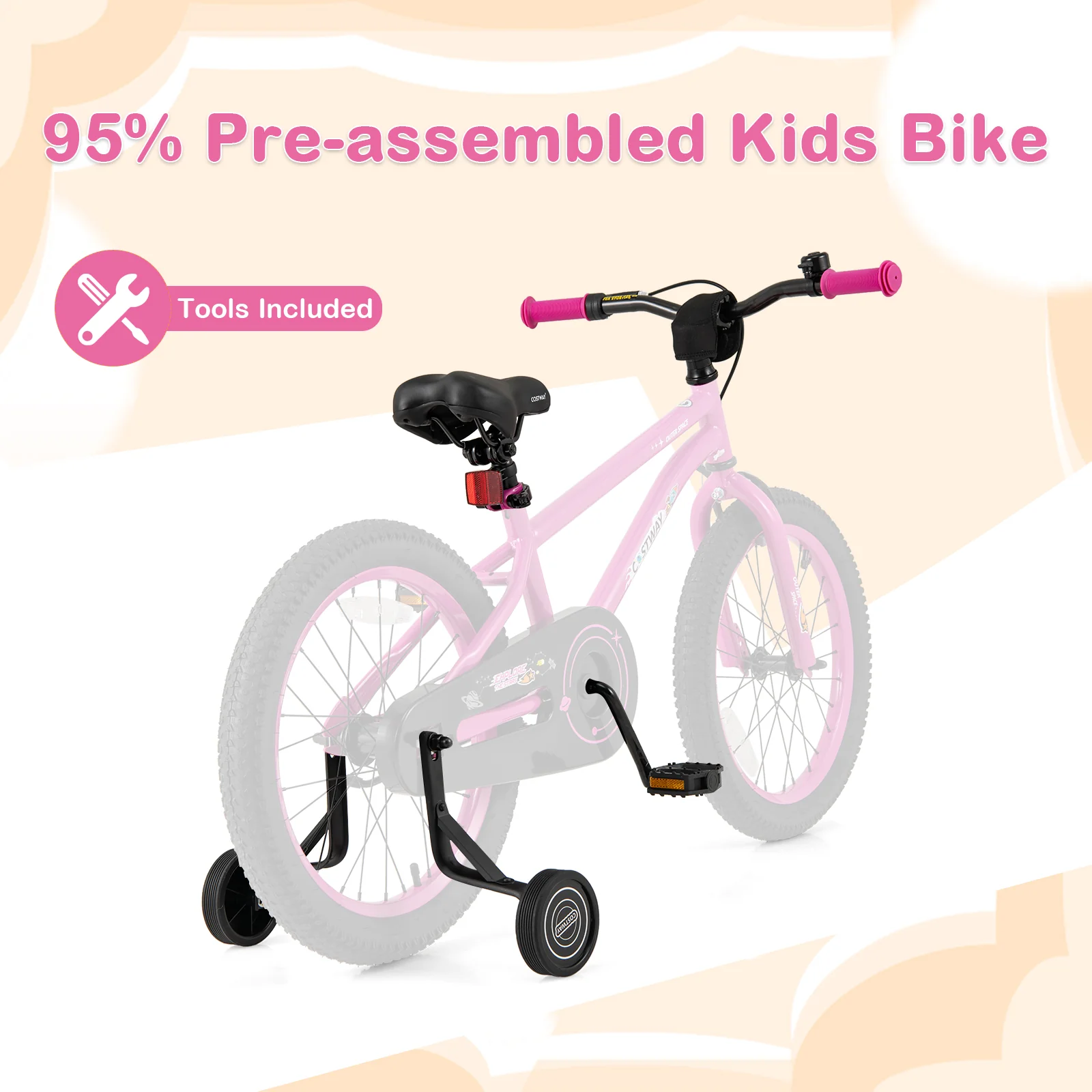 18 Inch Kids Bike, Adjustable For 4-8 Years With Training Wheels, Pink - Image 6