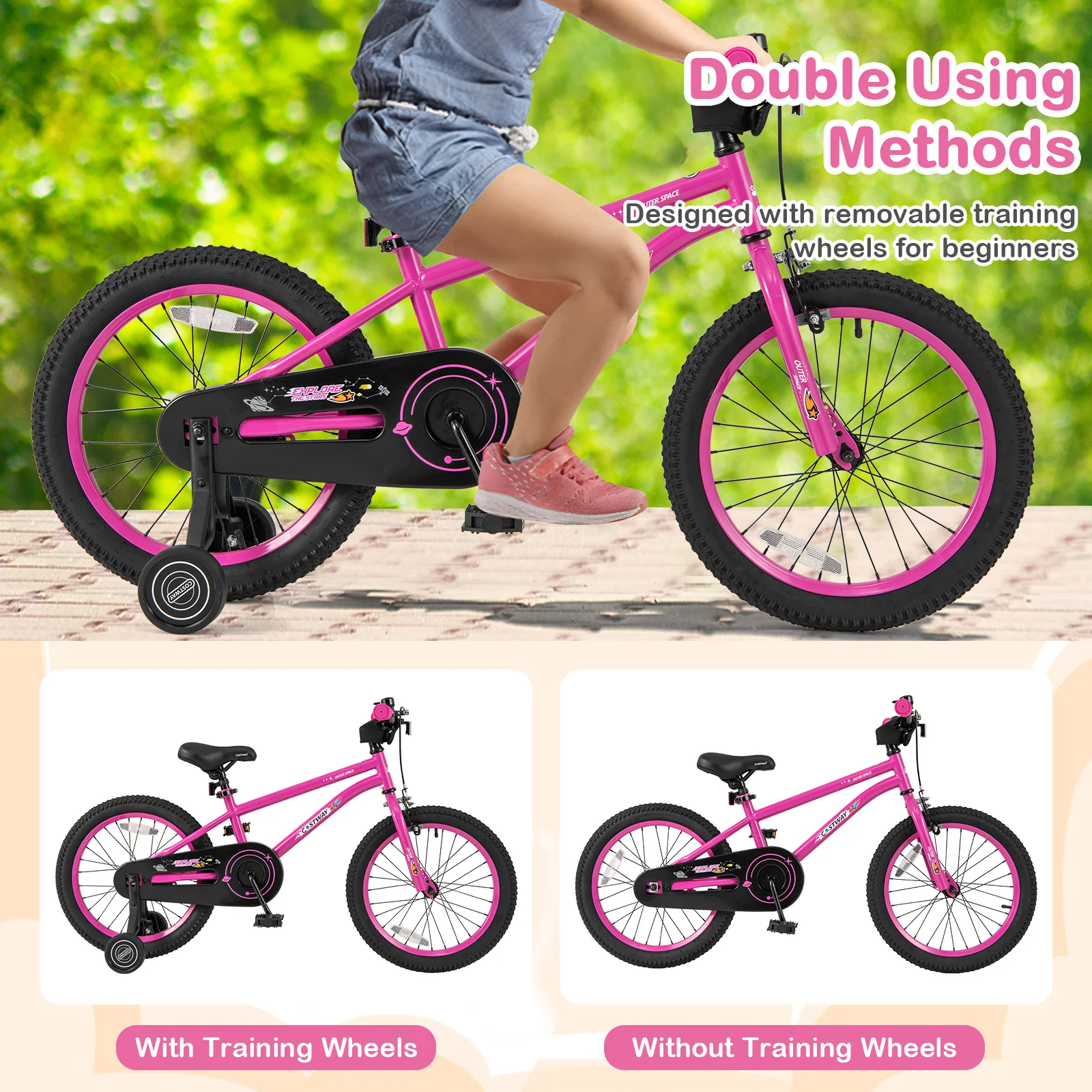 18 Inch Kids Bike, Adjustable For 4-8 Years With Training Wheels, Pink - Image 7
