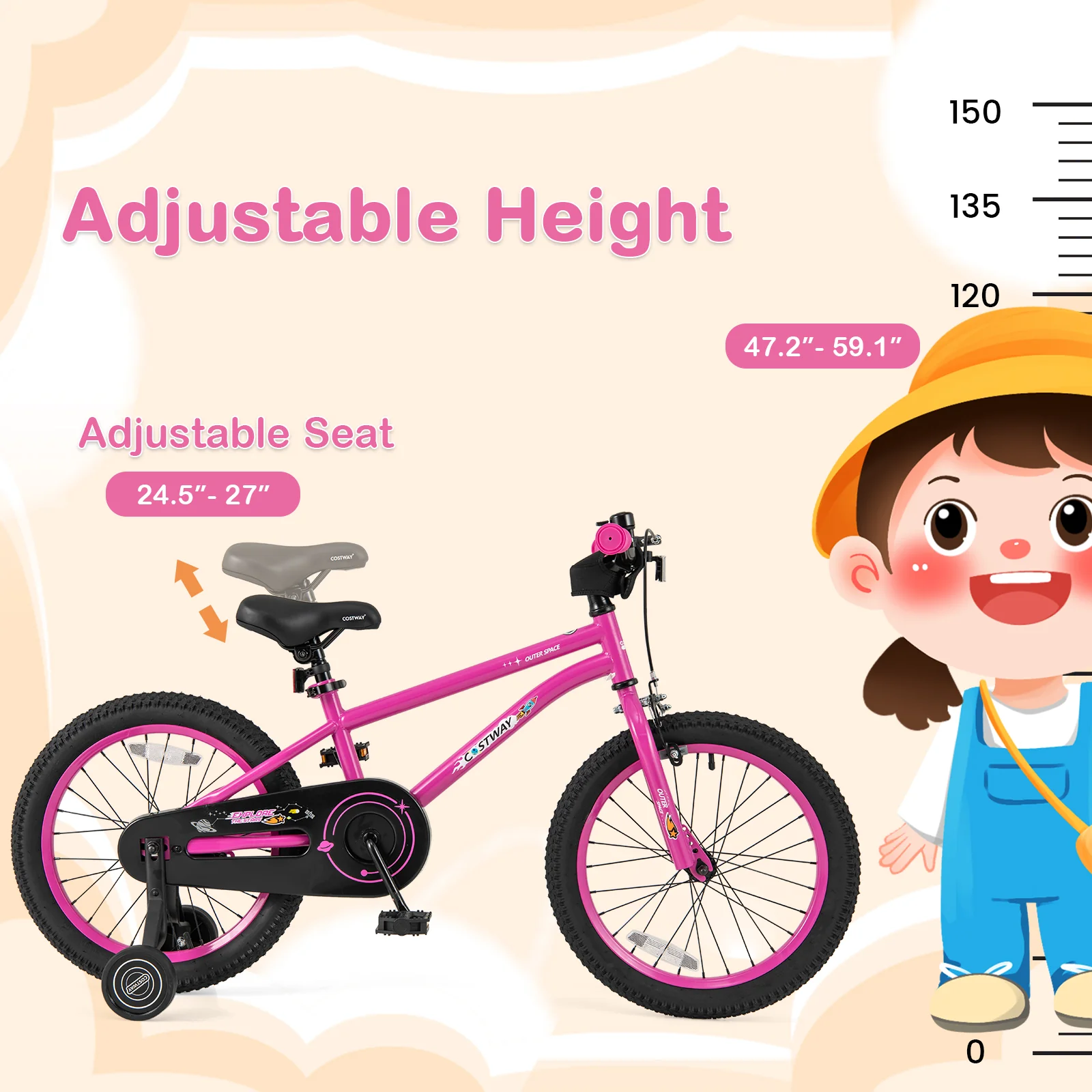 18 Inch Kids Bike, Adjustable For 4-8 Years With Training Wheels, Pink - Image 8