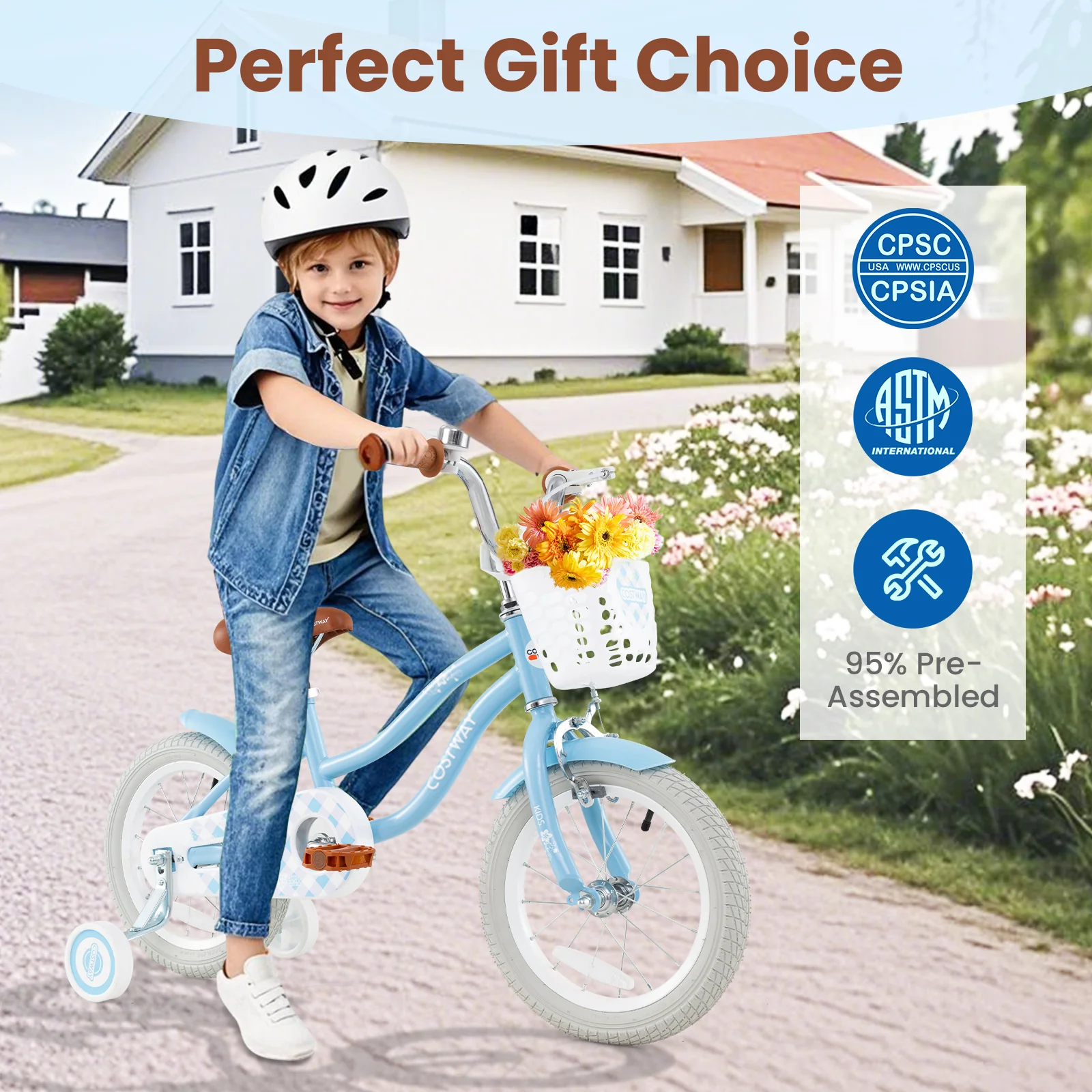 18 Inch Kids Bike, Adjustable Handlebar And Seat, Light Blue - Image 9