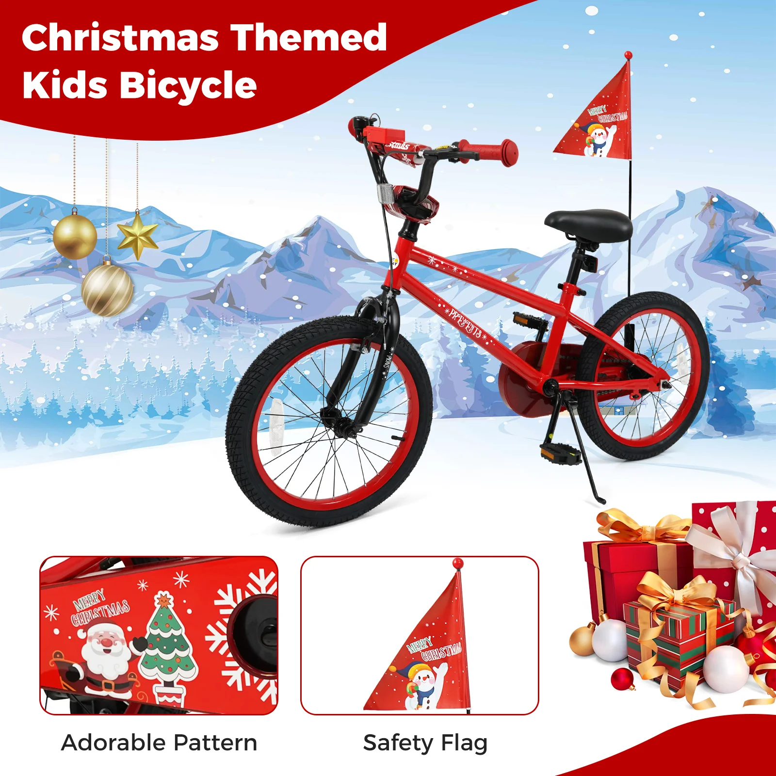 18 Inch Kids Bike Adjustable with Christmas Music & Flag for Aged 4-8 Years Old, Red - Image 10