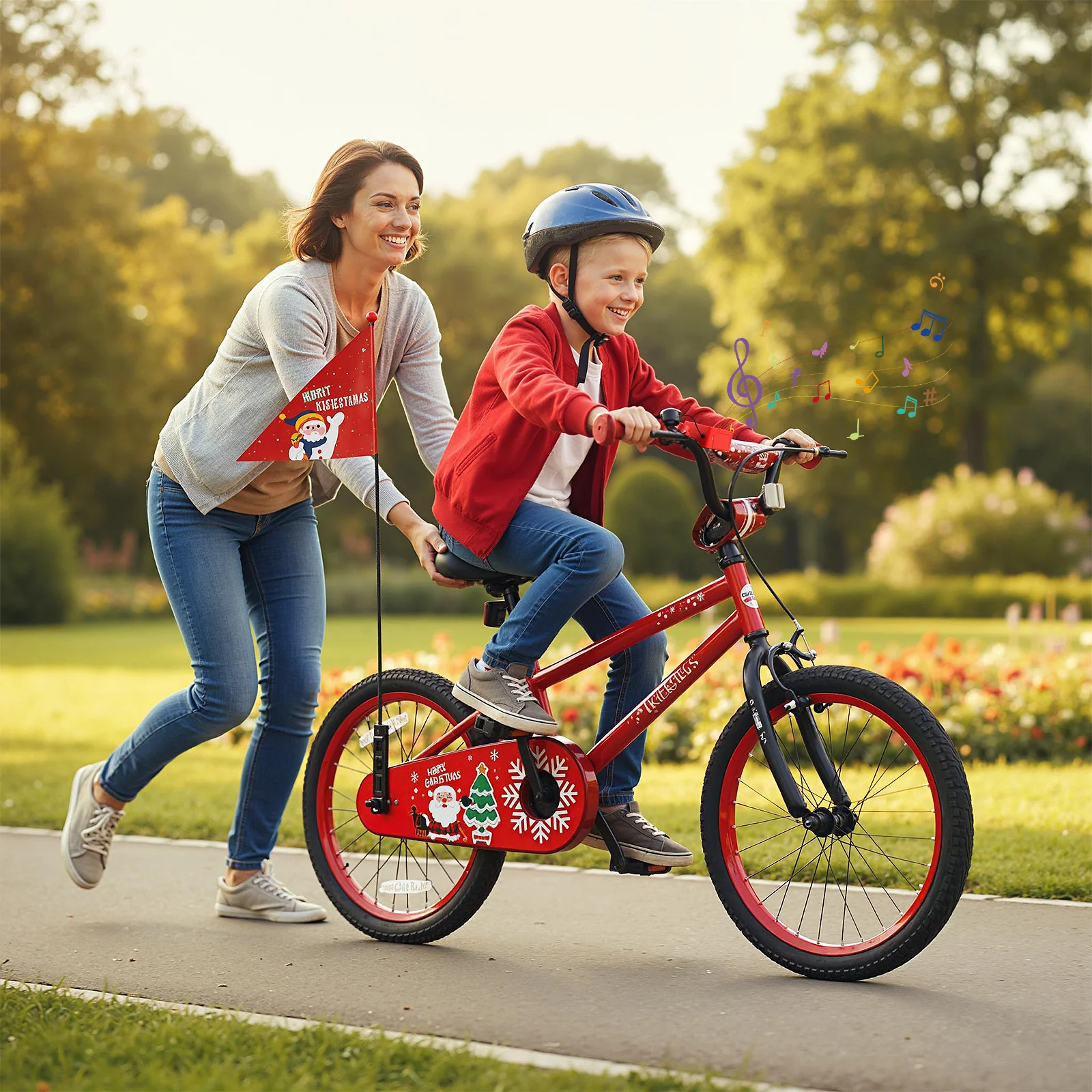 18 Inch Kids Bike Adjustable with Christmas Music & Flag for Aged 4-8 Years Old, Red - Image 2