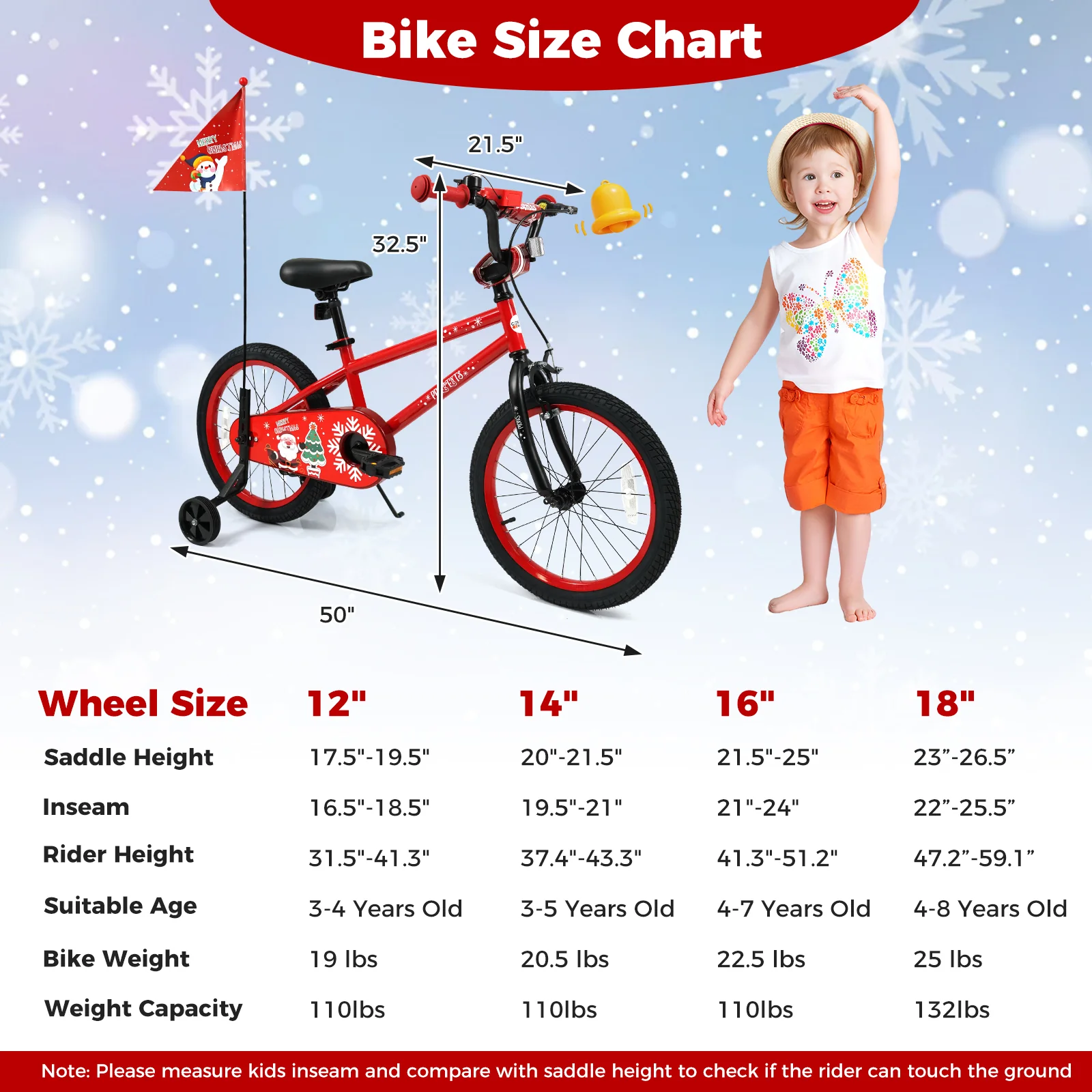 18 Inch Kids Bike Adjustable with Christmas Music & Flag for Aged 4-8 Years Old, Red - Image 4