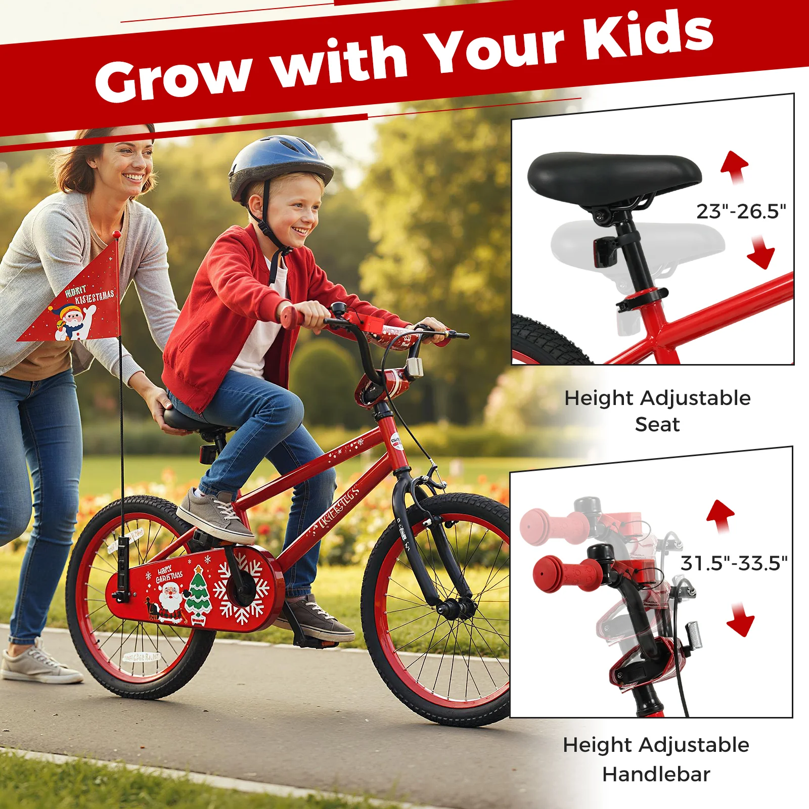 18 Inch Kids Bike Adjustable with Christmas Music & Flag for Aged 4-8 Years Old, Red - Image 5