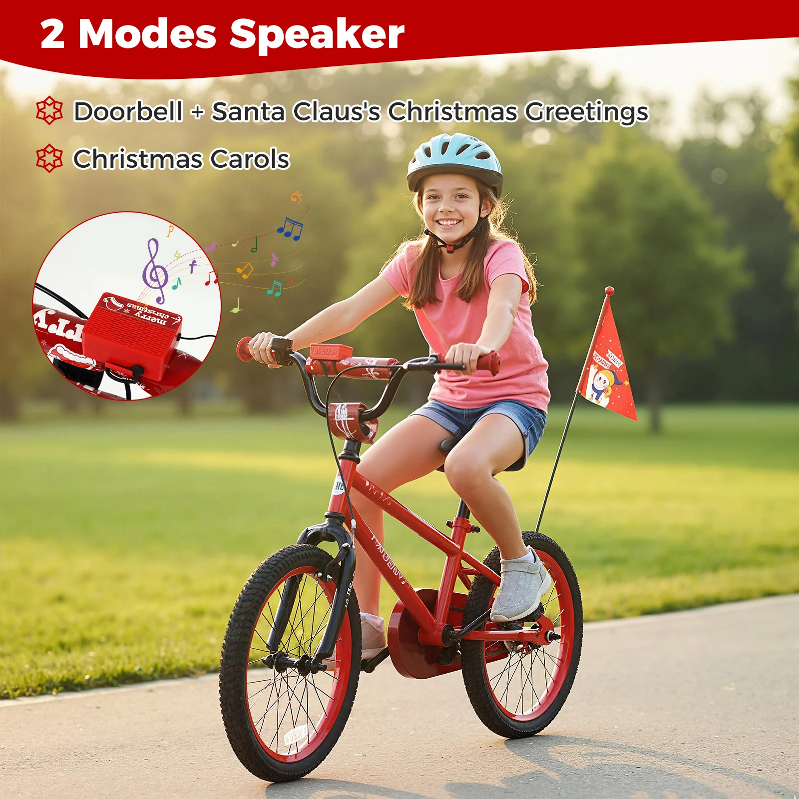 18 Inch Kids Bike Adjustable with Christmas Music & Flag for Aged 4-8 Years Old, Red - Image 8