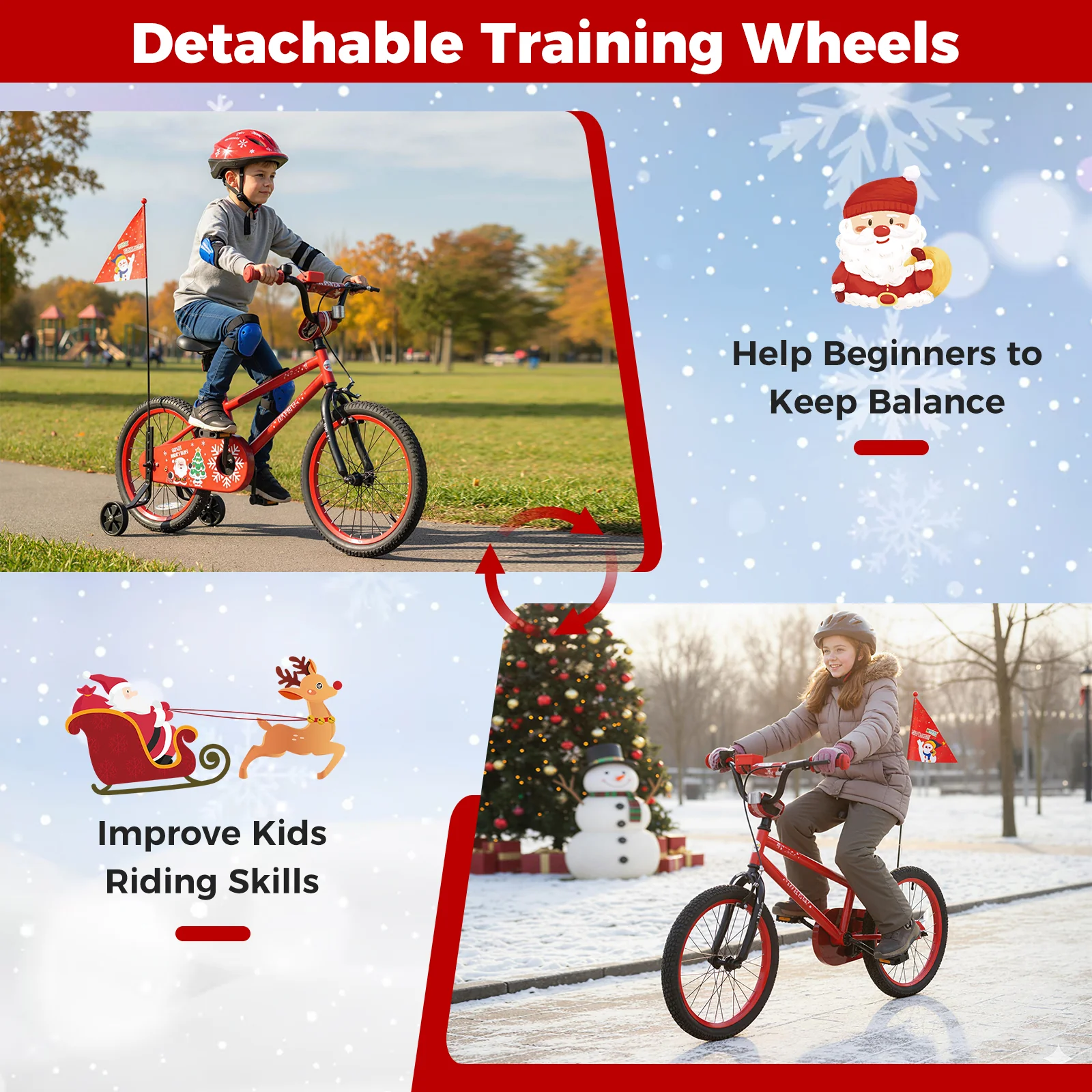 18 Inch Kids Bike Adjustable with Christmas Music & Flag for Aged 4-8 Years Old, Red - Image 9