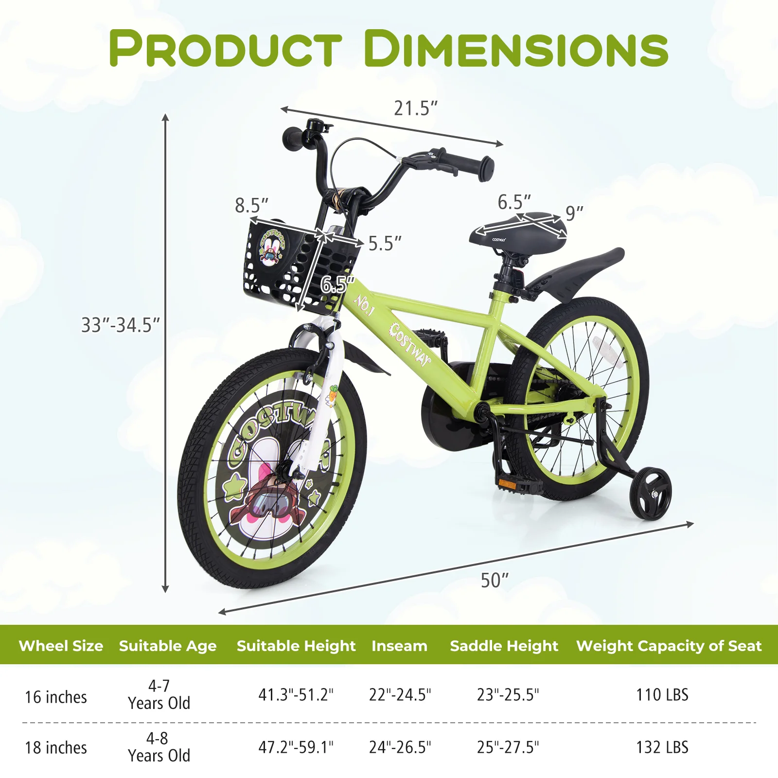 18 Inch Kids Bike, Adjustable With Training Wheels, For 4-8 Years, Green - Image 5