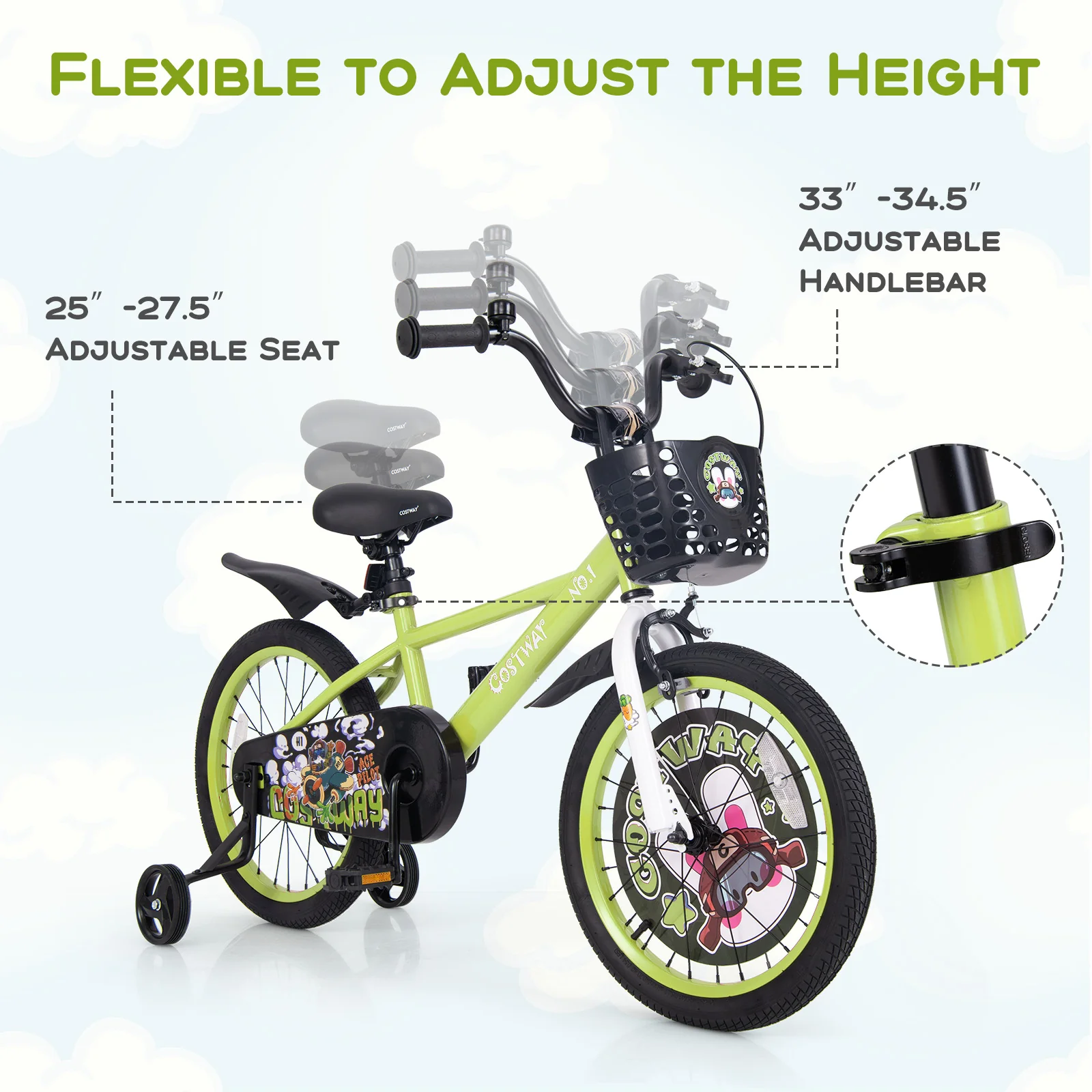 18 Inch Kids Bike, Adjustable With Training Wheels, For 4-8 Years, Green - Image 6