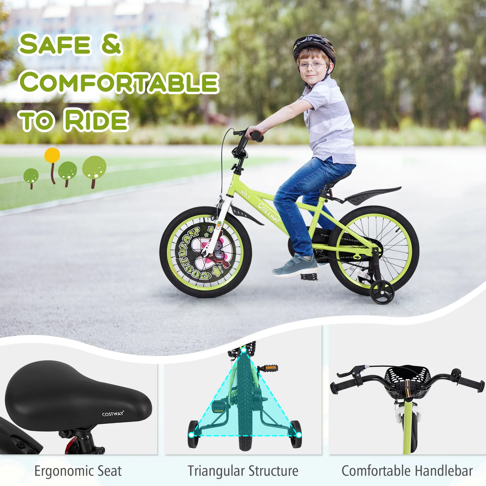 18 Inch Kids Bike, Adjustable With Training Wheels, For 4-8 Years, Green - Image 8