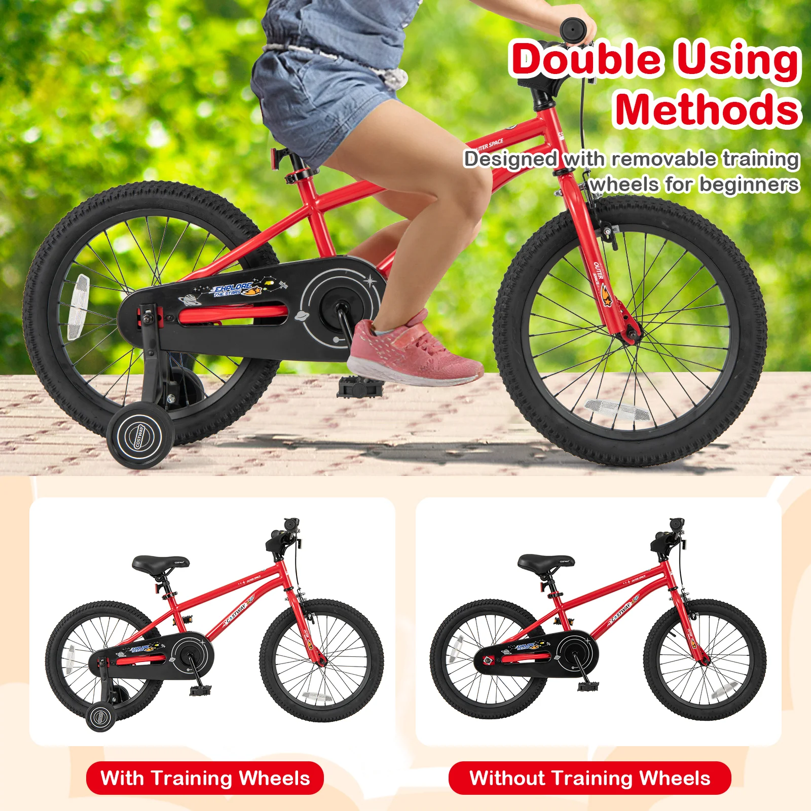 18-Inch Kids Bike, Ages 3-8, Handbrake, Coaster Brake, Bell, Red - Image 2