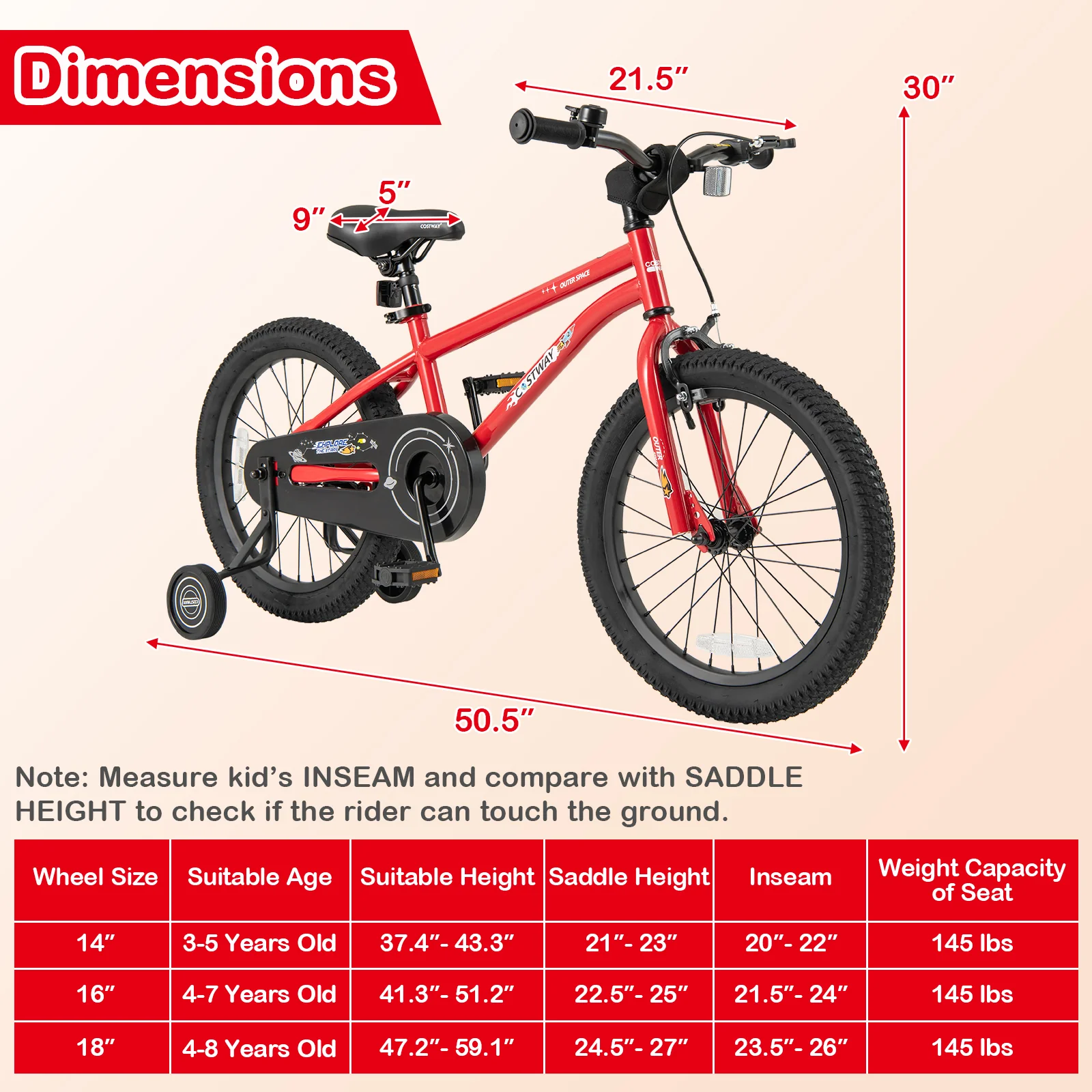 18-Inch Kids Bike, Ages 3-8, Handbrake, Coaster Brake, Bell, Red - Image 4