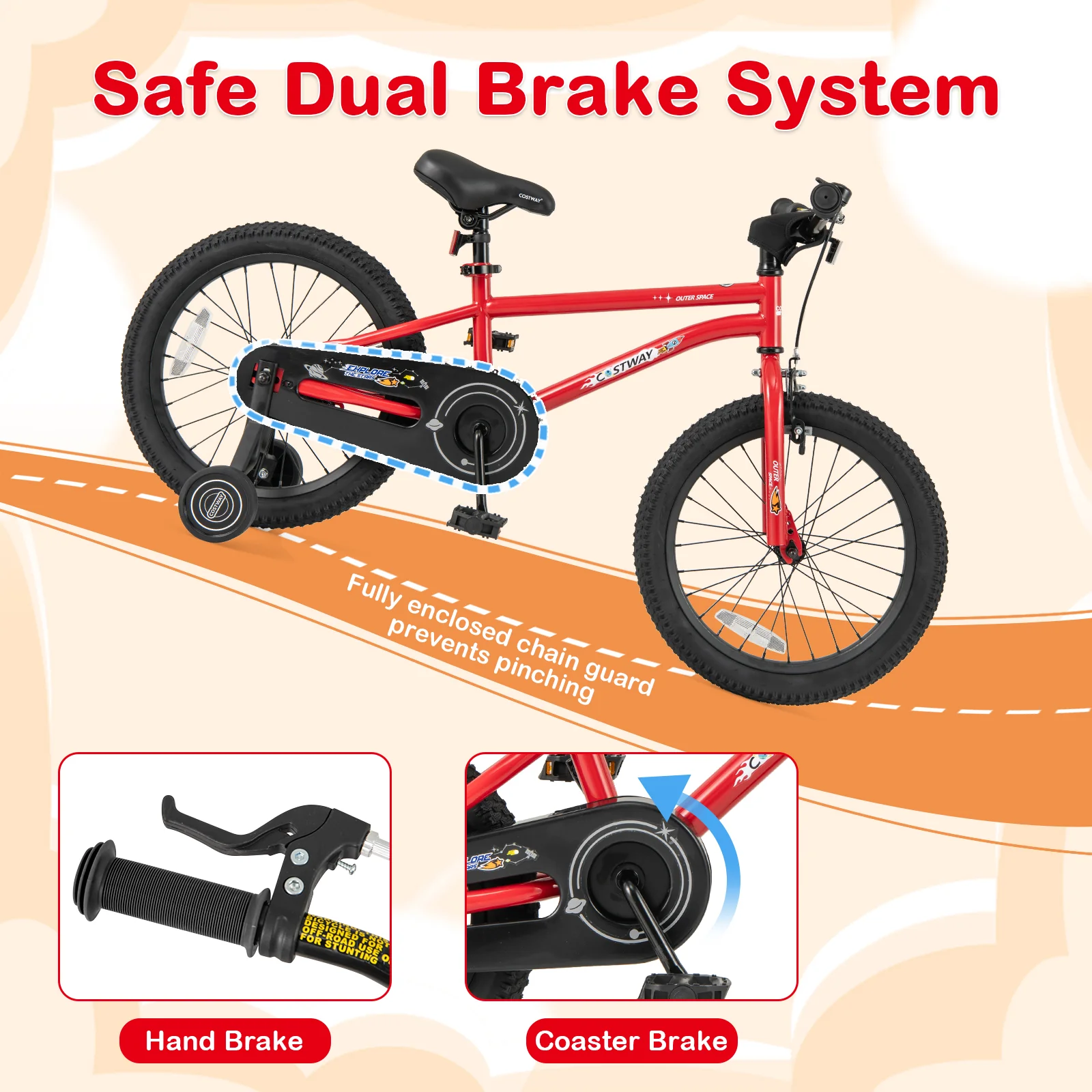 18-Inch Kids Bike, Ages 3-8, Handbrake, Coaster Brake, Bell, Red - Image 6