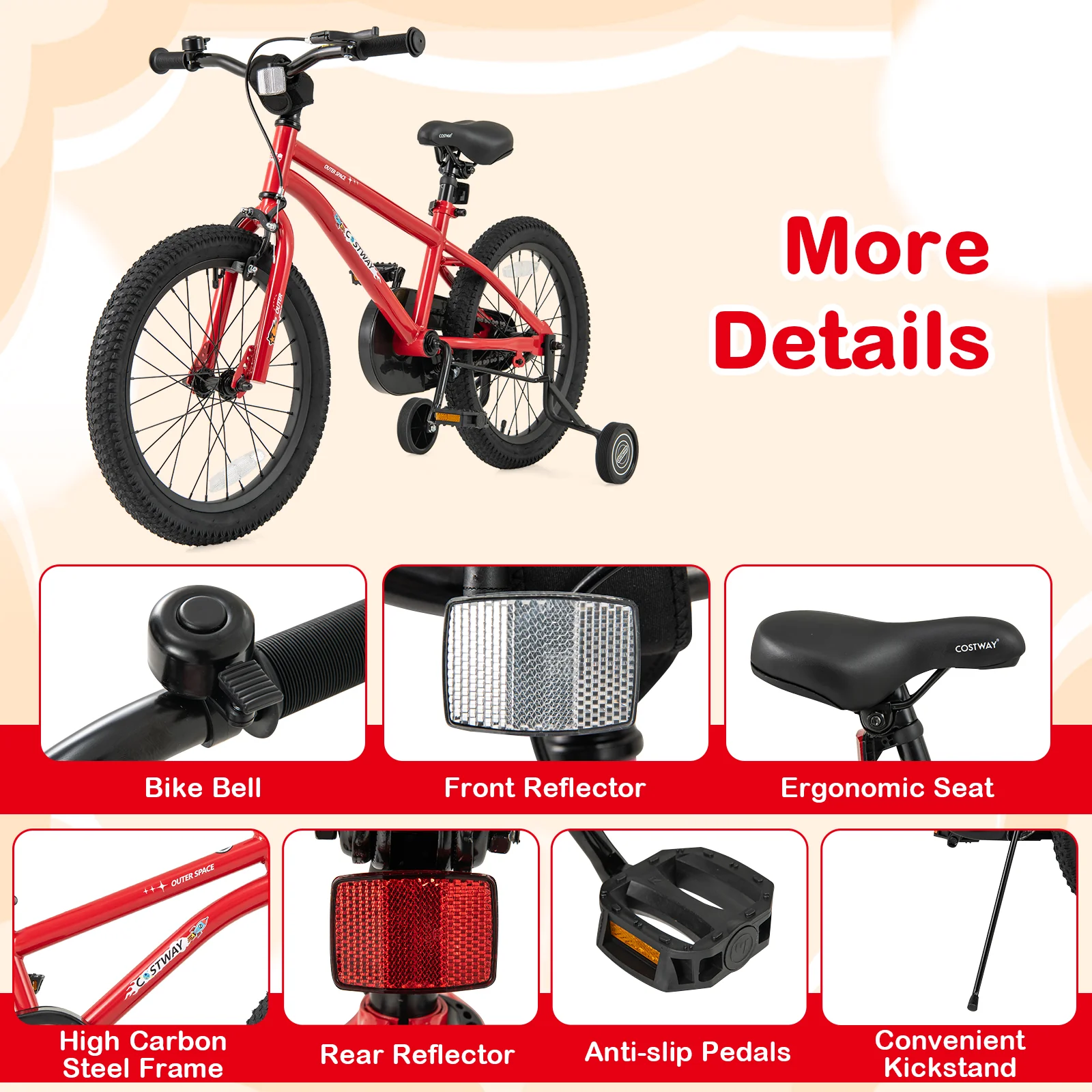 18-Inch Kids Bike, Ages 3-8, Handbrake, Coaster Brake, Bell, Red - Image 8