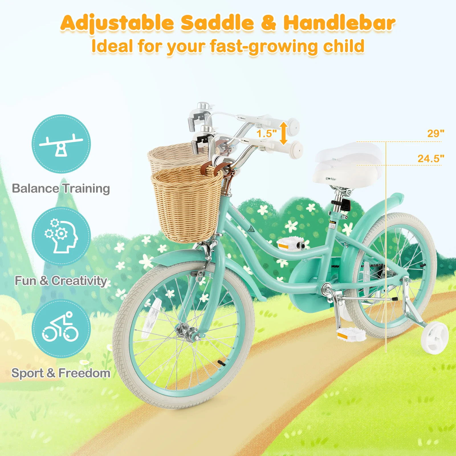 18-Inch Kids Bike, Training Wheels, Adjustable Seat, Green - Image 7