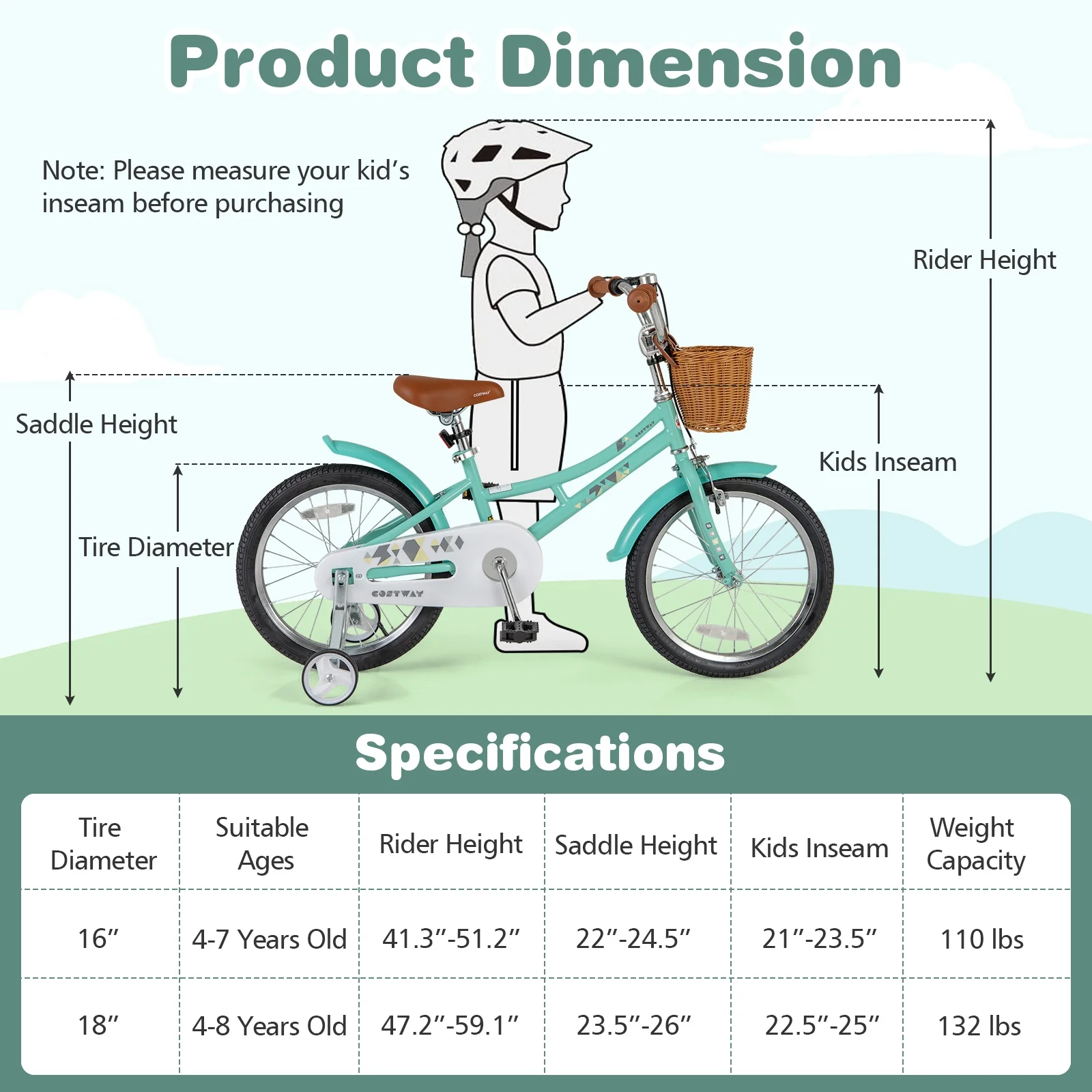 18 Inch Kids Bike With Training Wheels, Ages 4-8 Years, Green - Image 5