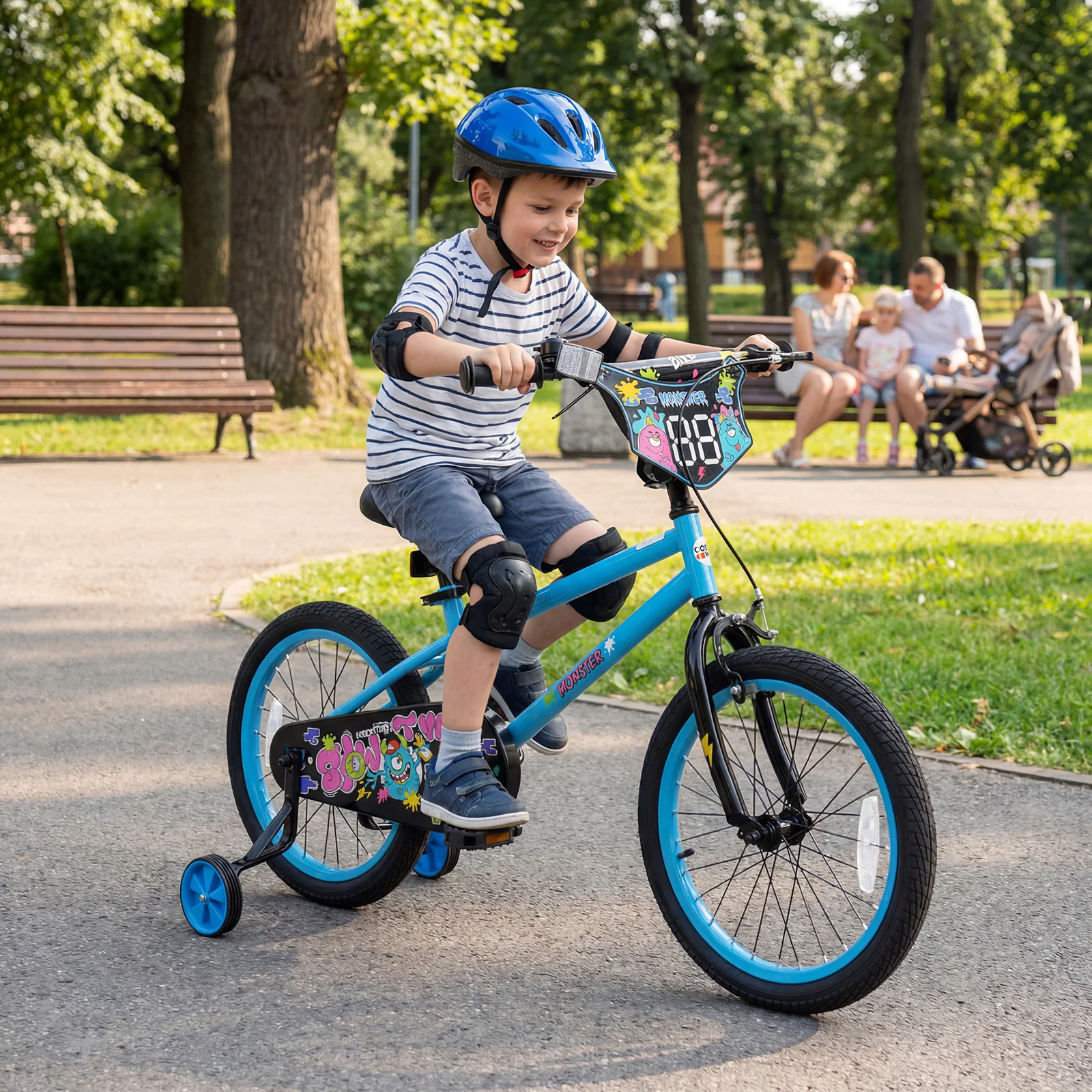 18 Inch Kids Bike with Training Wheels for Ages 4-8 Years Old Blue- Street Art Time, Blue - Image 2