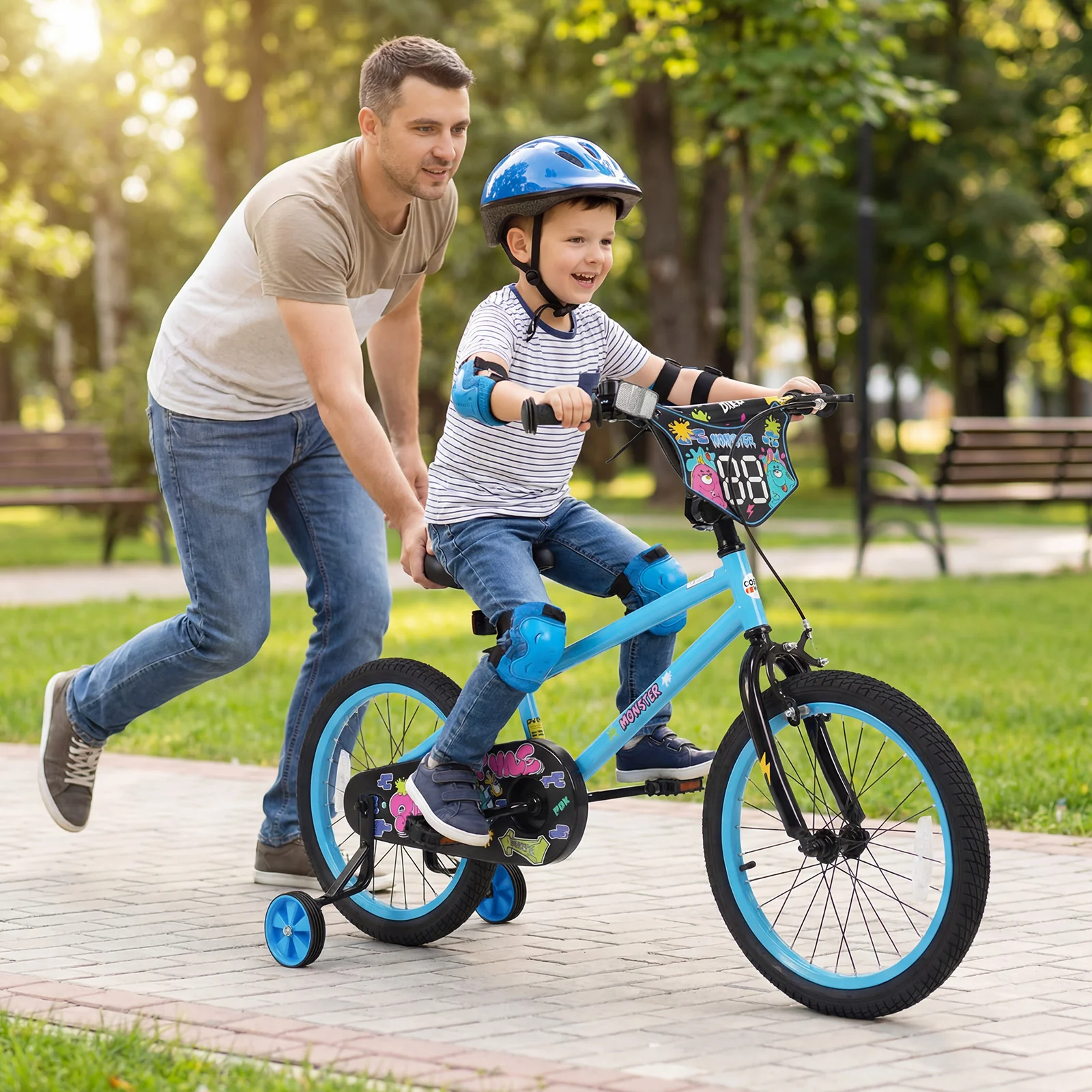 18 Inch Kids Bike with Training Wheels for Ages 4-8 Years Old Blue- Street Art Time, Blue - Image 3