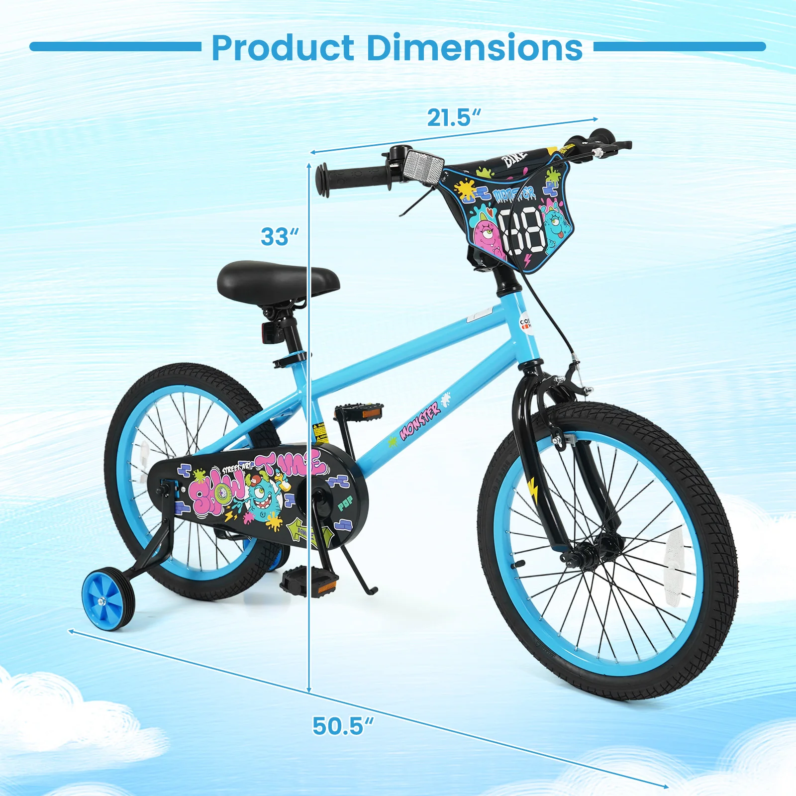 18 Inch Kids Bike with Training Wheels for Ages 4-8 Years Old Blue- Street Art Time, Blue - Image 5