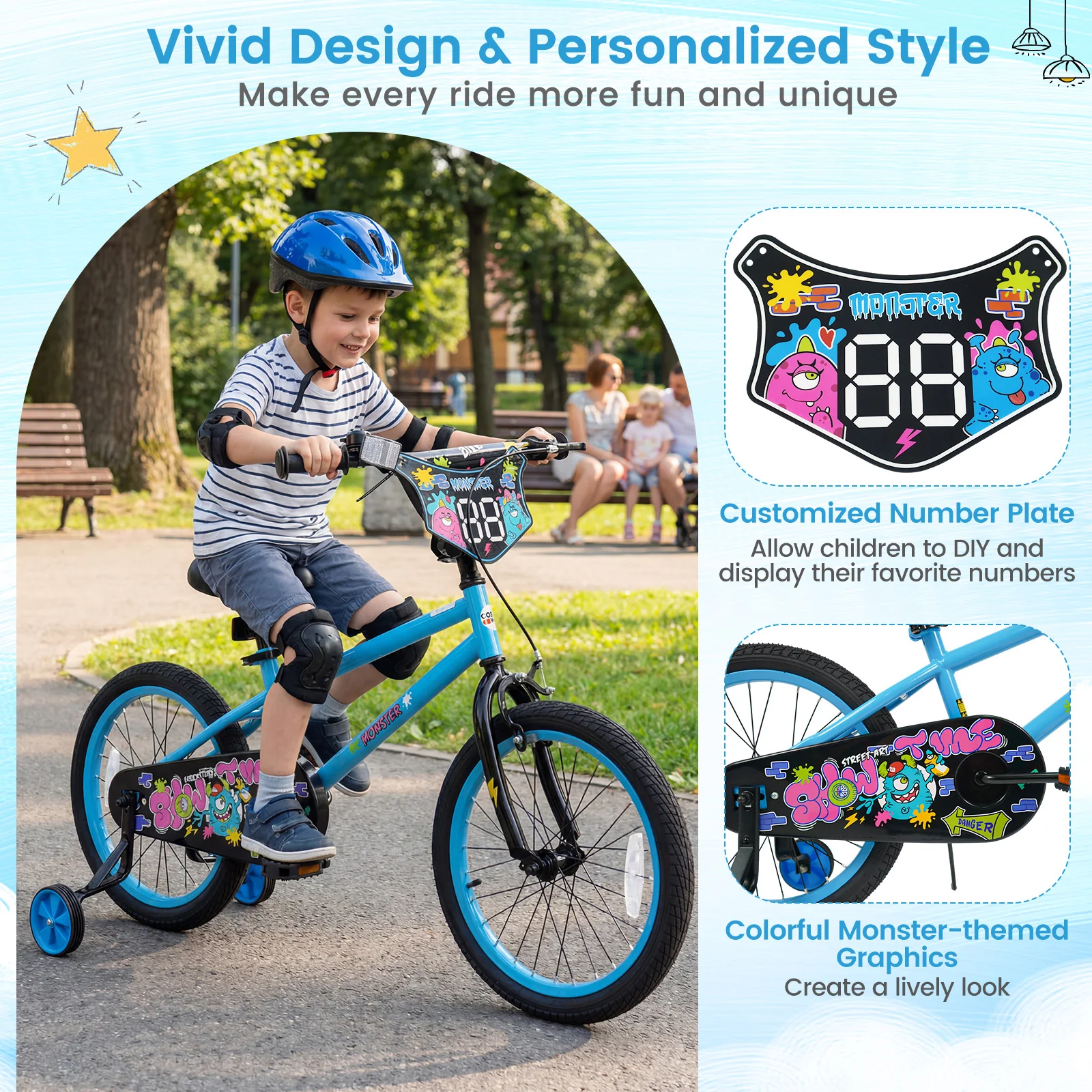 18 Inch Kids Bike with Training Wheels for Ages 4-8 Years Old Blue- Street Art Time, Blue - Image 7