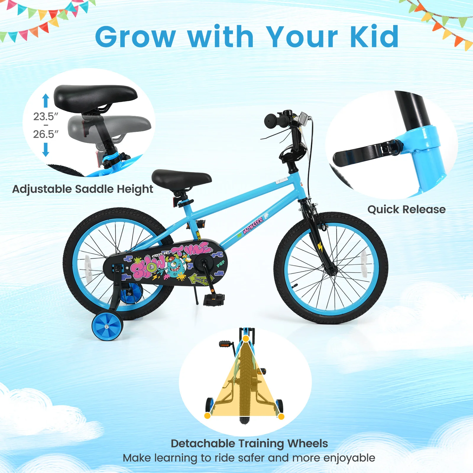 18 Inch Kids Bike with Training Wheels for Ages 4-8 Years Old Blue- Street Art Time, Blue - Image 8