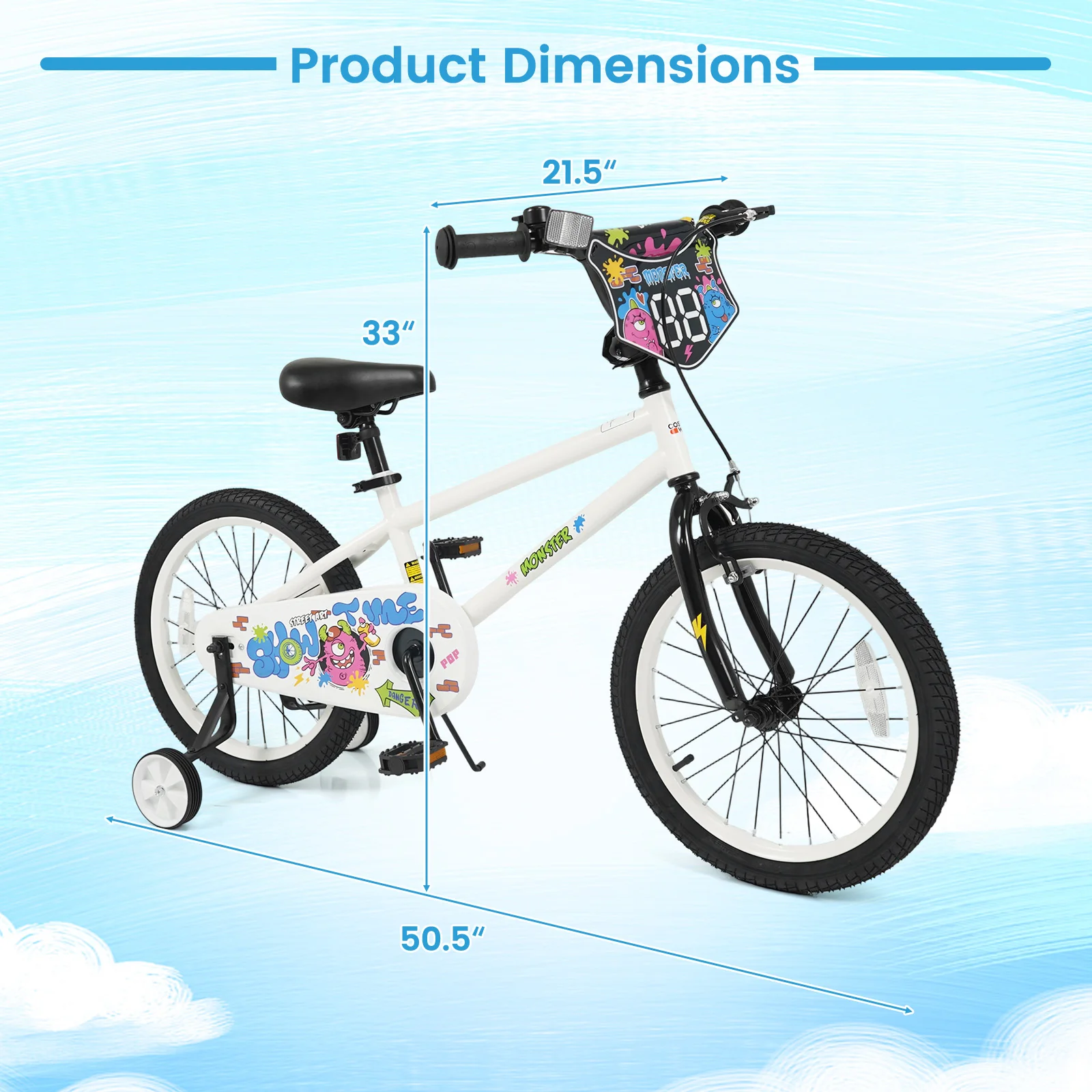 18 Inch Kids Bike with Training Wheels for Ages 4-8 Years Old White- Street Art Time, White - Image 5