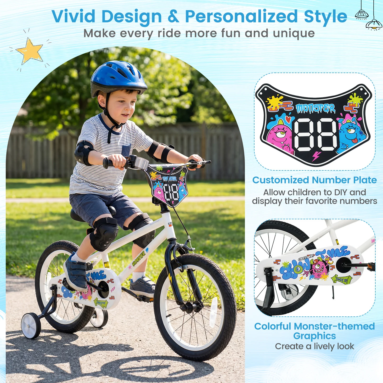 18 Inch Kids Bike with Training Wheels for Ages 4-8 Years Old White- Street Art Time, White - Image 7