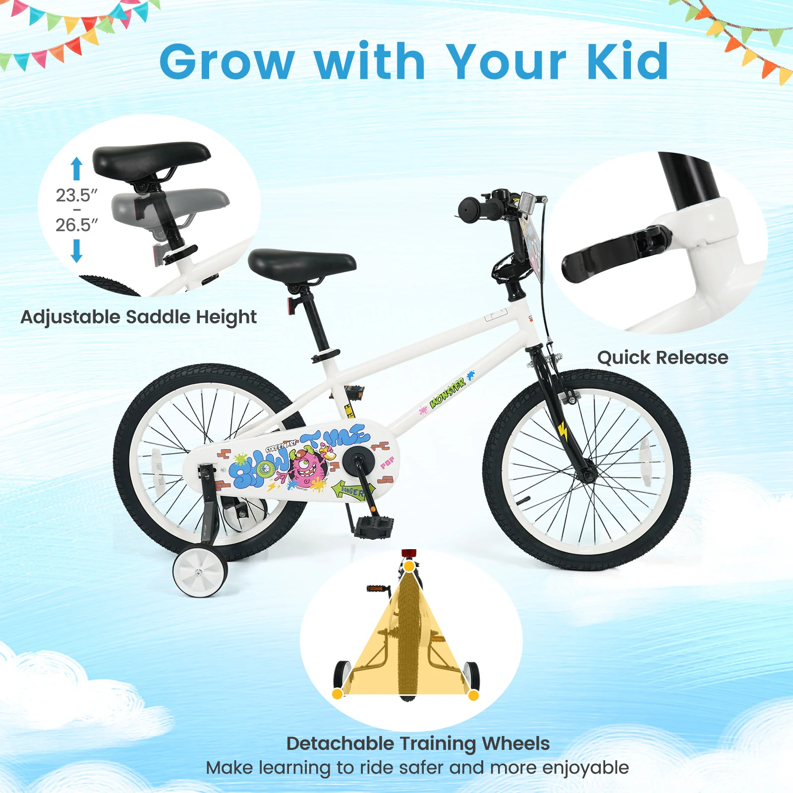 18 Inch Kids Bike with Training Wheels for Ages 4-8 Years Old White- Street Art Time, White - Image 8