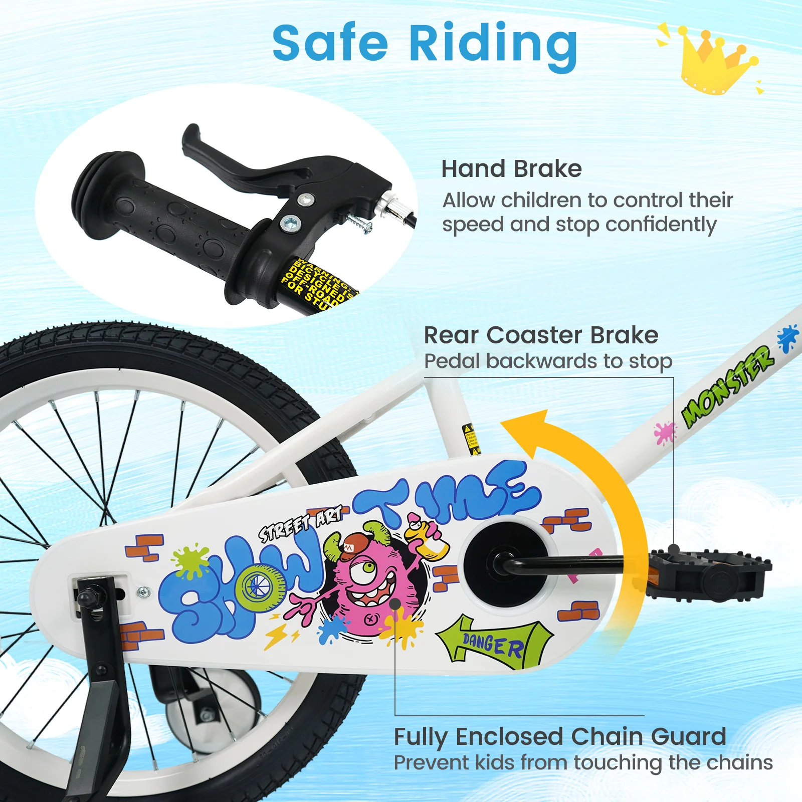 18 Inch Kids Bike with Training Wheels for Ages 4-8 Years Old White- Street Art Time, White - Image 9