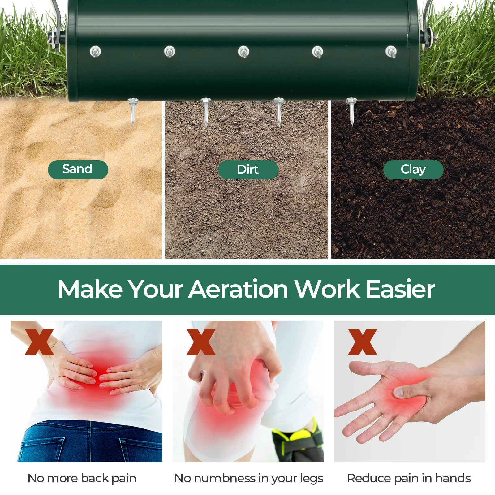 18 Inch Manual Lawn Aerator, Detachable Handle, Green - Image 8