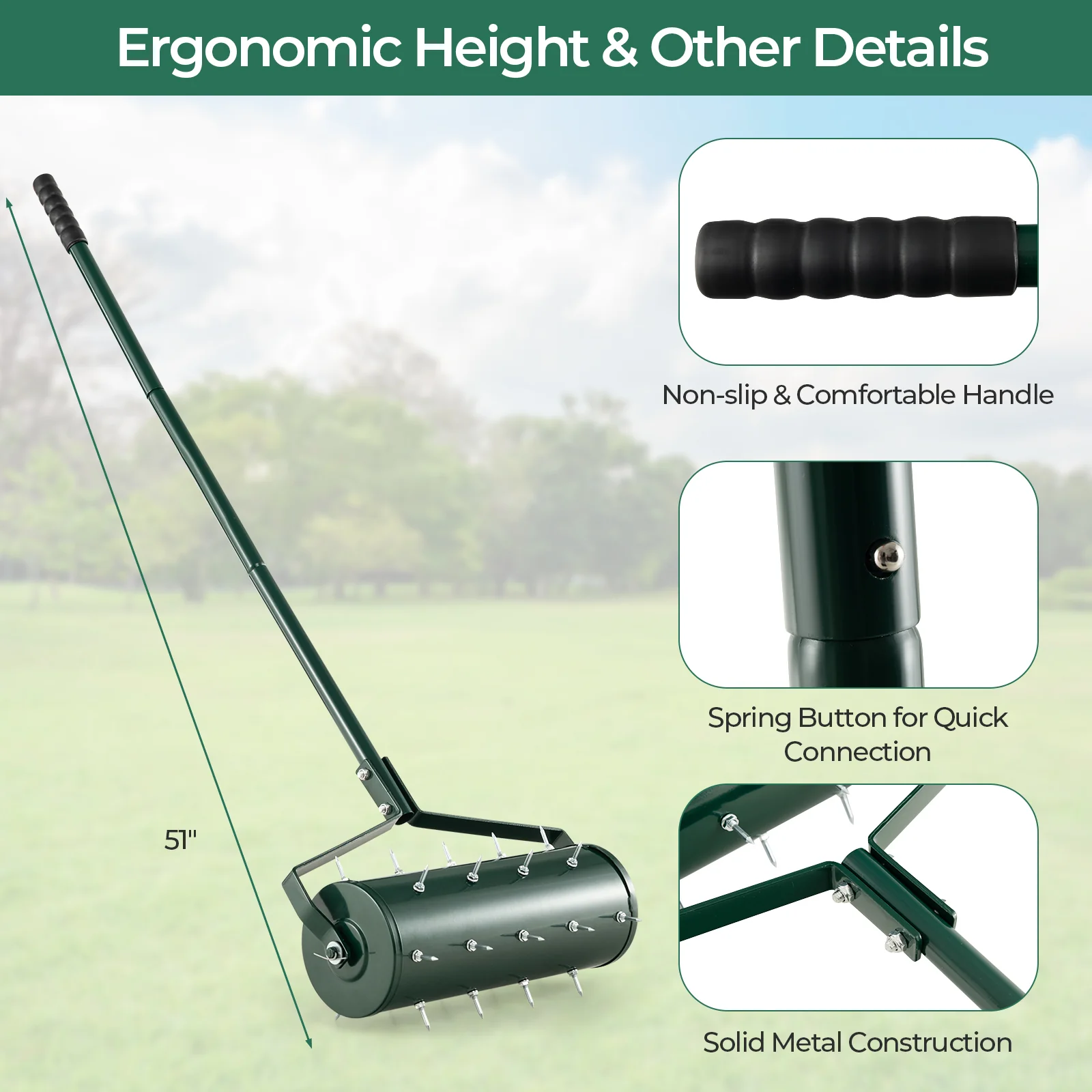 18 Inch Manual Lawn Aerator, Detachable Handle, Green - Image 9