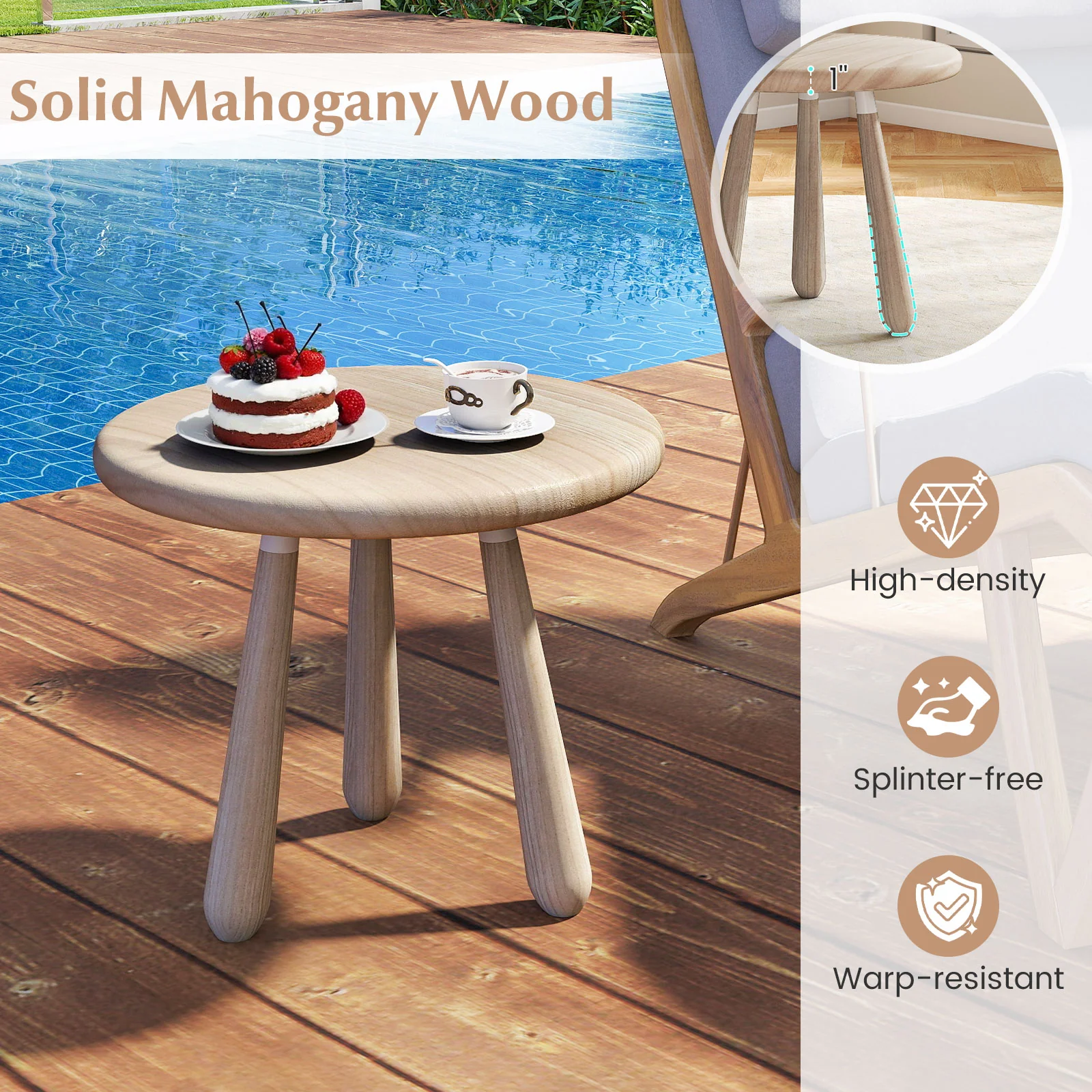 18 Inch Outdoor Mahogany Wood Side Table with Thickened Board, Natural - Image 8