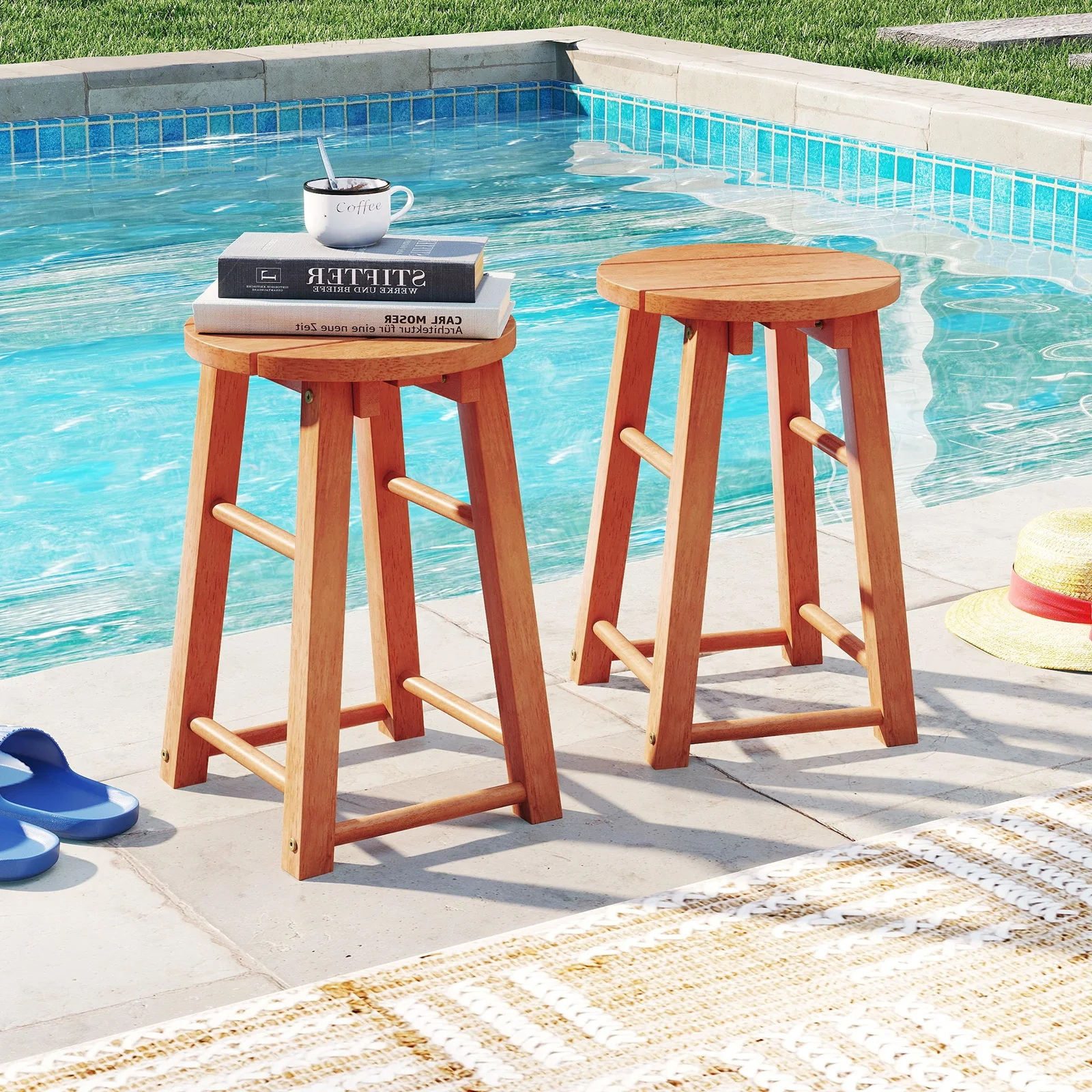 18-Inch Outdoor Wood Bar Stools, Set of 2, Round Seat, Footrest - Image 2