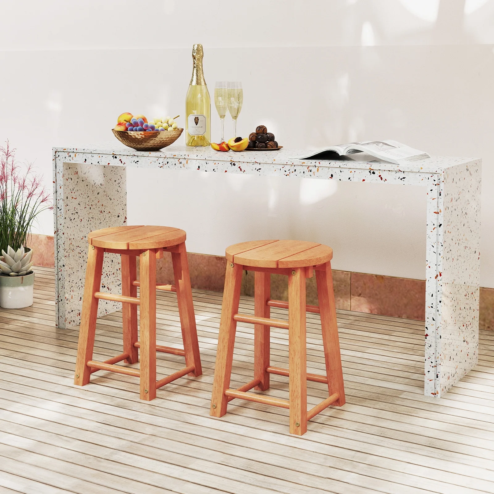 18-Inch Outdoor Wood Bar Stools, Set of 2, Round Seat, Footrest - Image 3