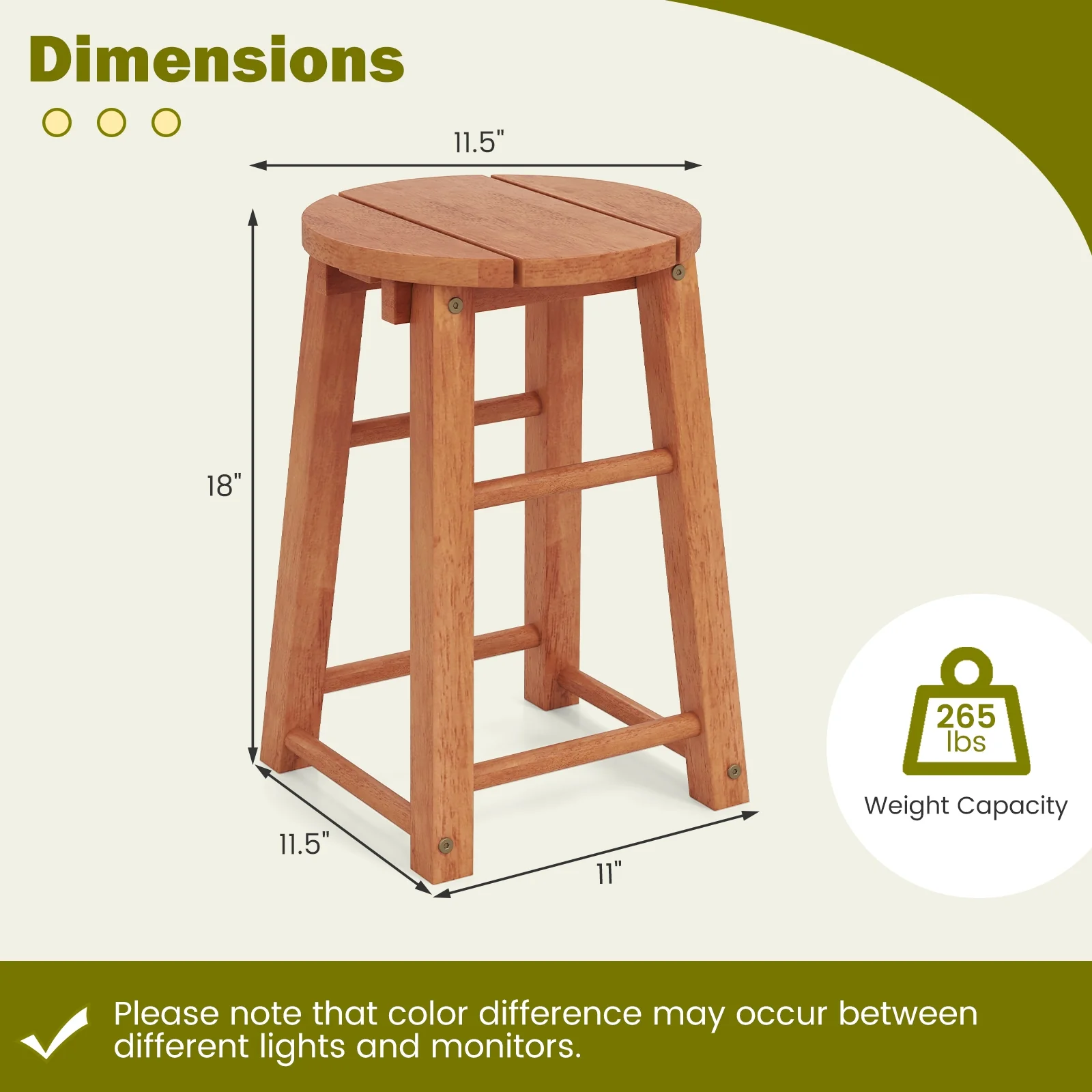 18-Inch Outdoor Wood Bar Stools, Set of 2, Round Seat, Footrest - Image 5