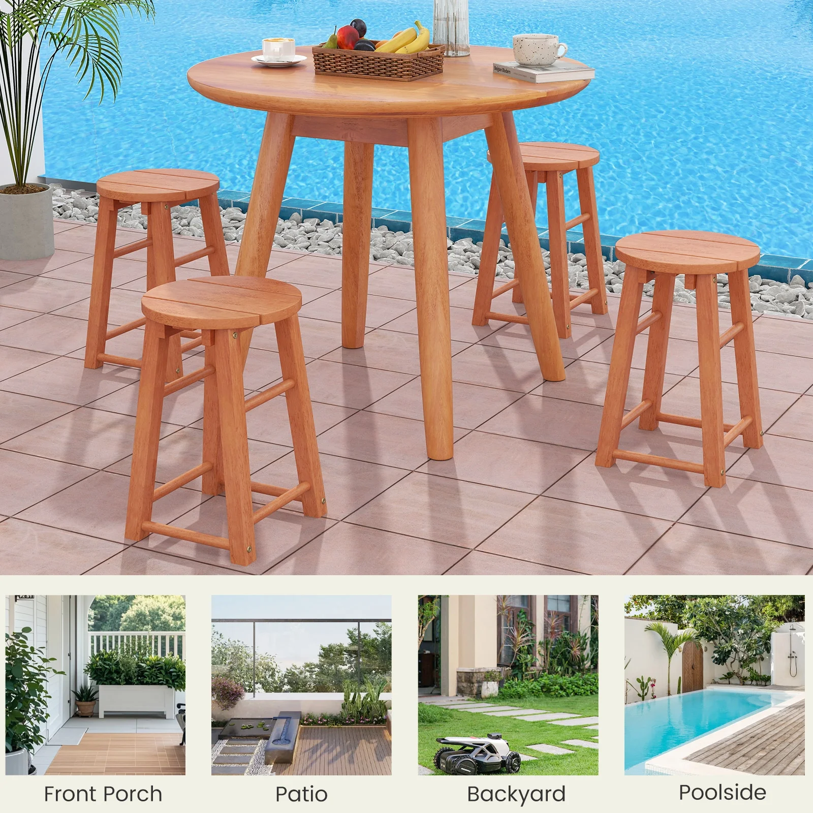18-Inch Outdoor Wood Bar Stools, Set of 2, Round Seat, Footrest - Image 6