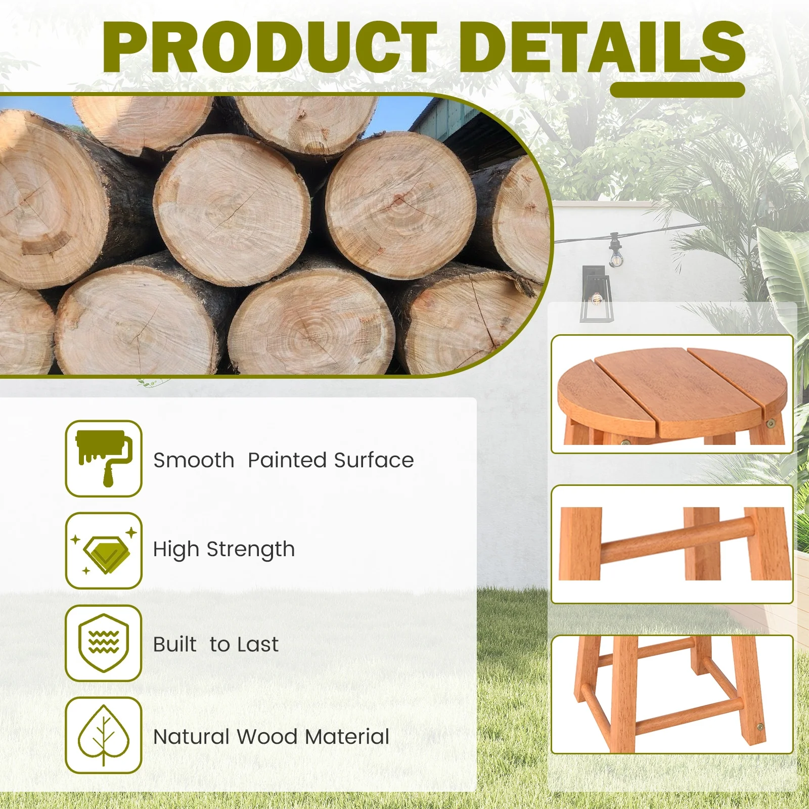 18-Inch Outdoor Wood Bar Stools, Set of 2, Round Seat, Footrest - Image 8