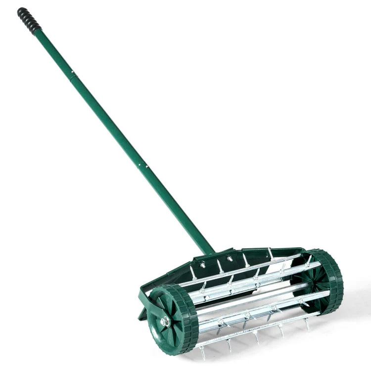 18 Inch Rolling Lawn Aerator, Splash-Proof Fender, Green - Image 4