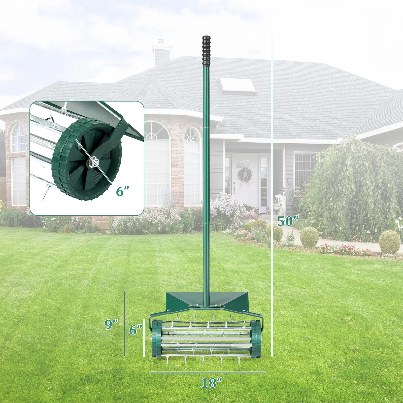 18 Inch Rolling Lawn Aerator, Splash-Proof Fender, Green - Image 6