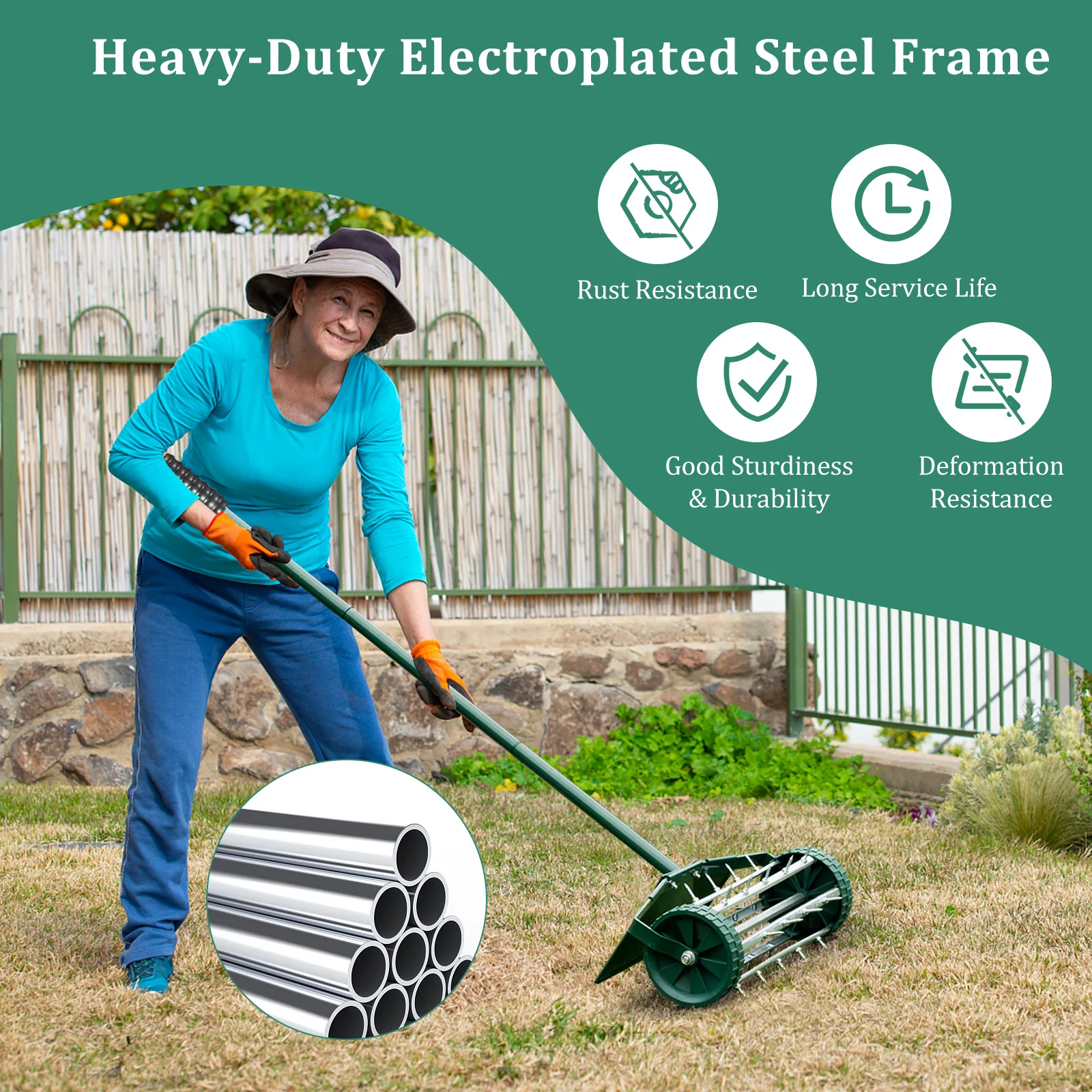 18 Inch Rolling Lawn Aerator, Splash-Proof Fender, Green - Image 7