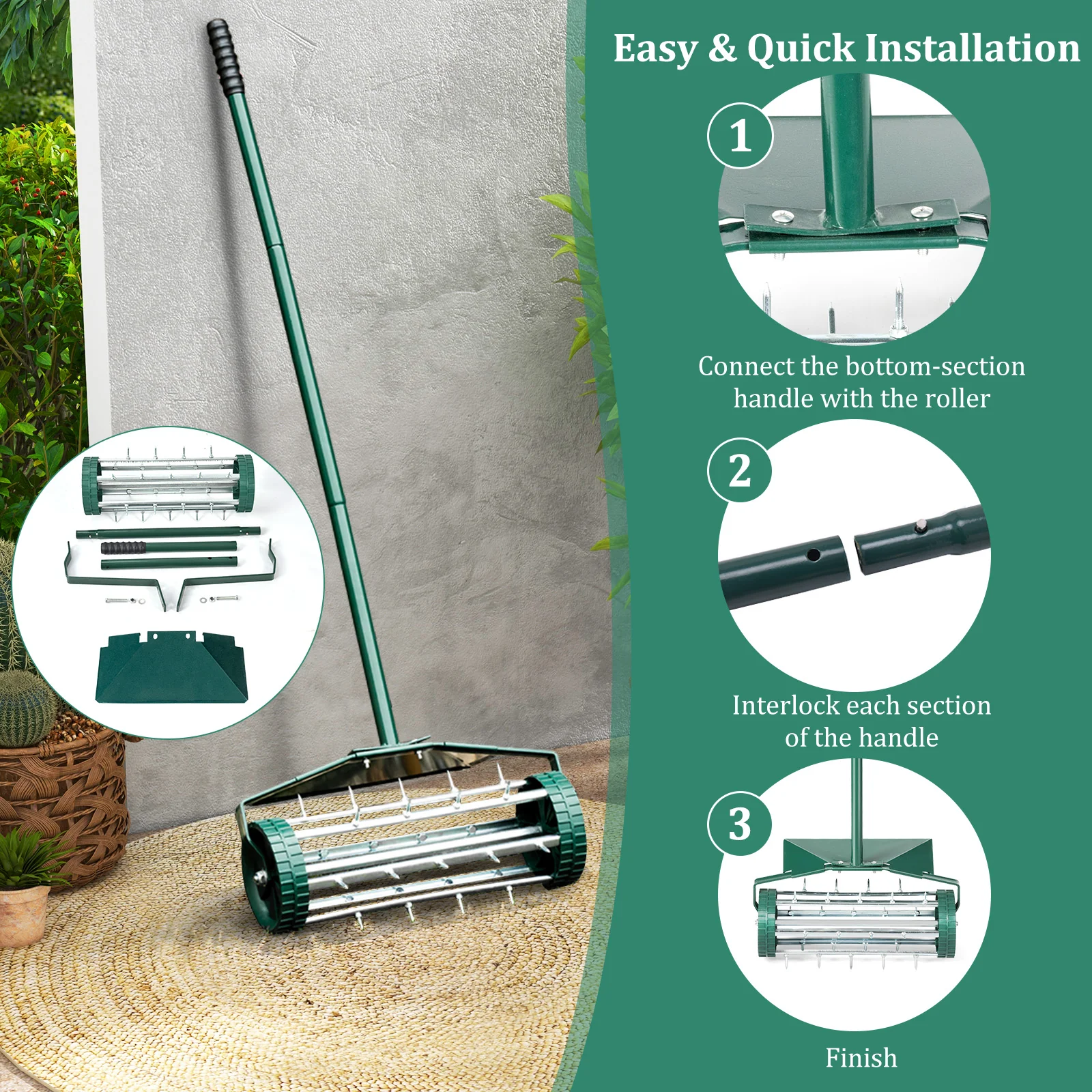 18 Inch Rolling Lawn Aerator, Splash-Proof Fender, Green - Image 8