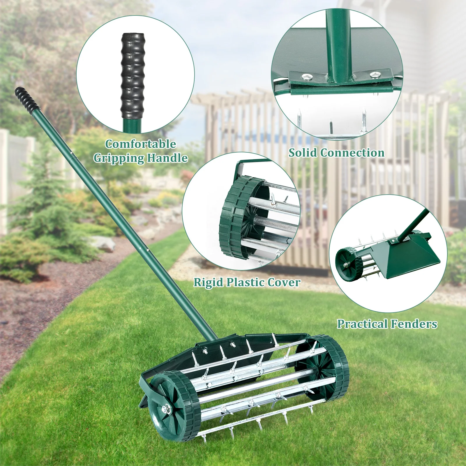 18 Inch Rolling Lawn Aerator, Splash-Proof Fender, Green - Image 9