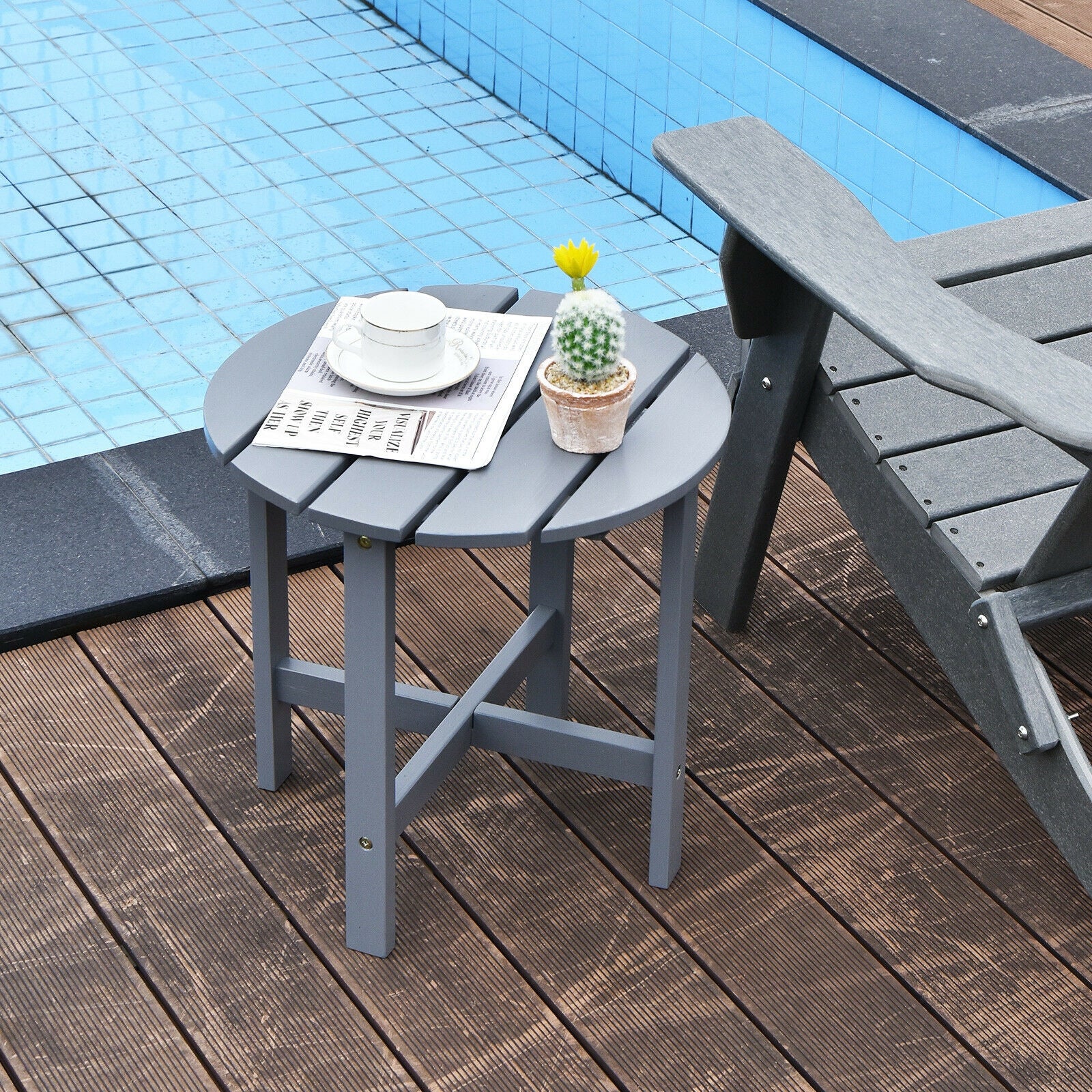 18 Inch Round Wooden Slat Patio Coffee Table, Gray - Image 2