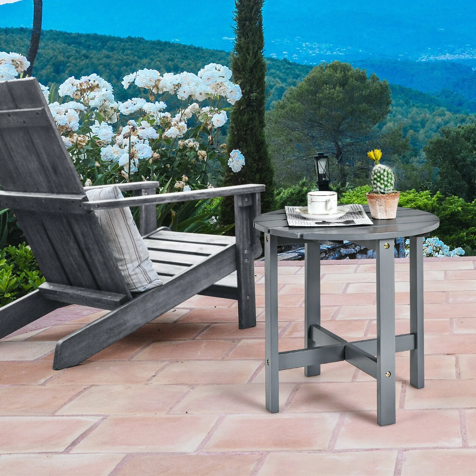18 Inch Round Wooden Slat Patio Coffee Table, Gray - Image 8