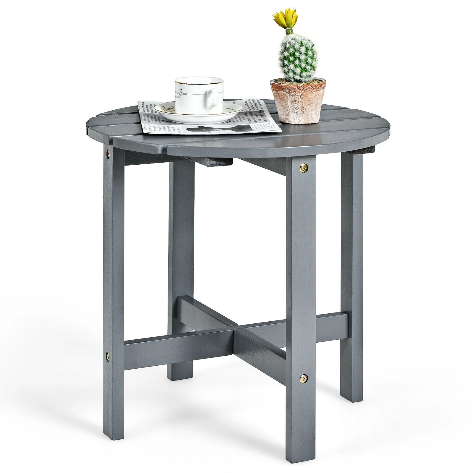 18 Inch Round Wooden Slat Patio Coffee Table, Gray - Image 9