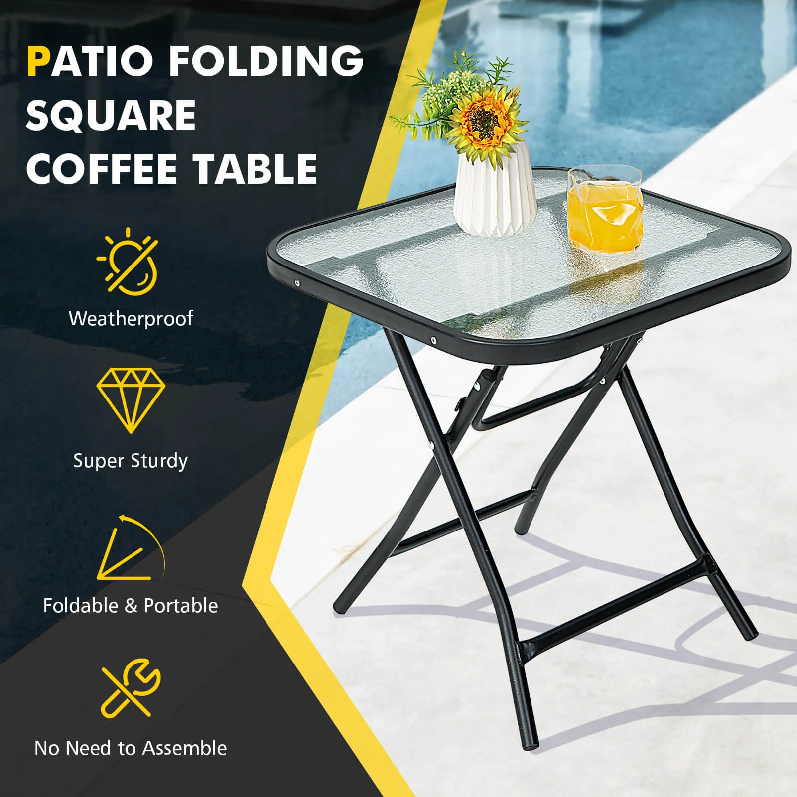 18 Inch Square Patio Bistro Table, Rustproof Frame, Black - Image 5