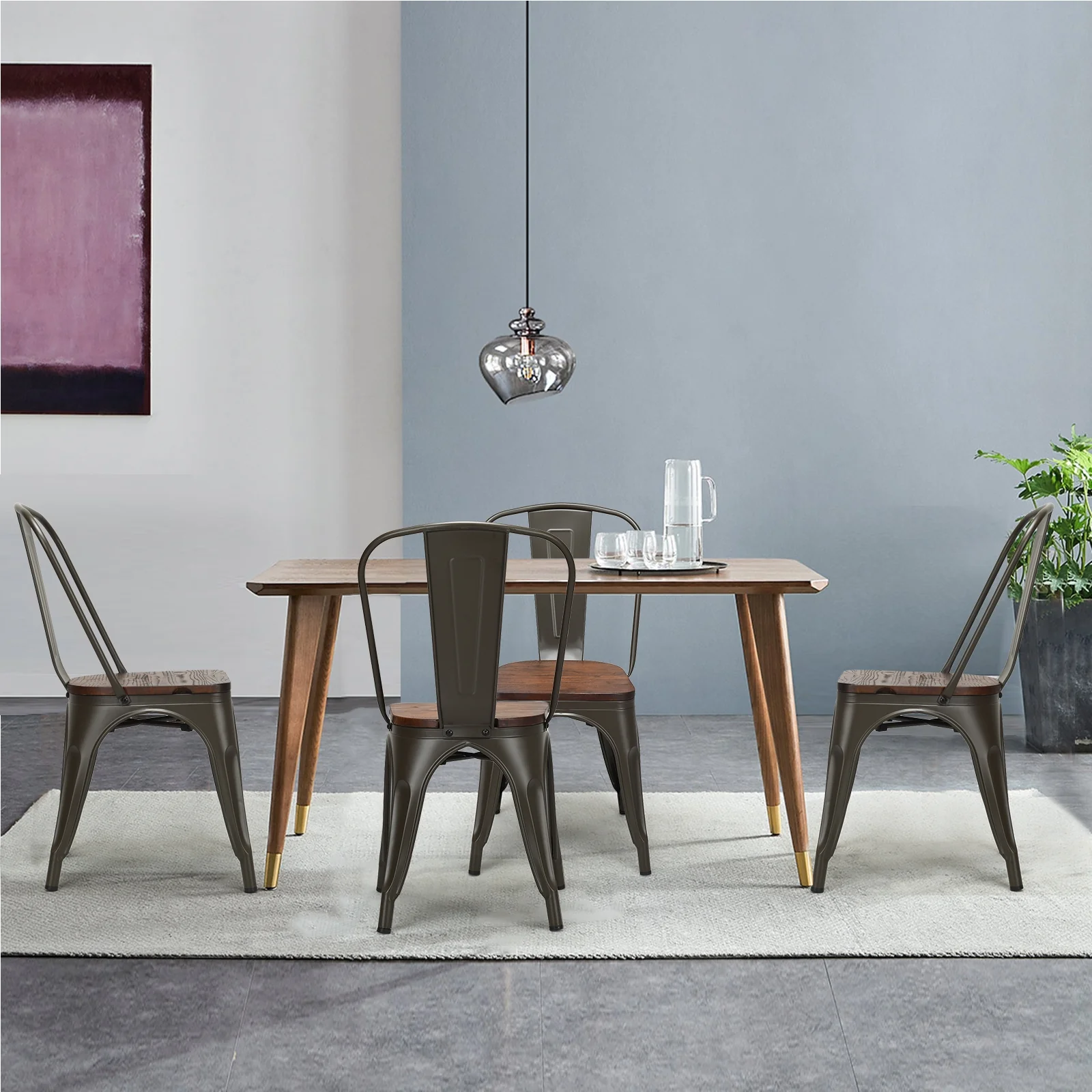 18 Inch Stackable Metal Wood Dining Chair Set of 4, Dark Green - Image 2
