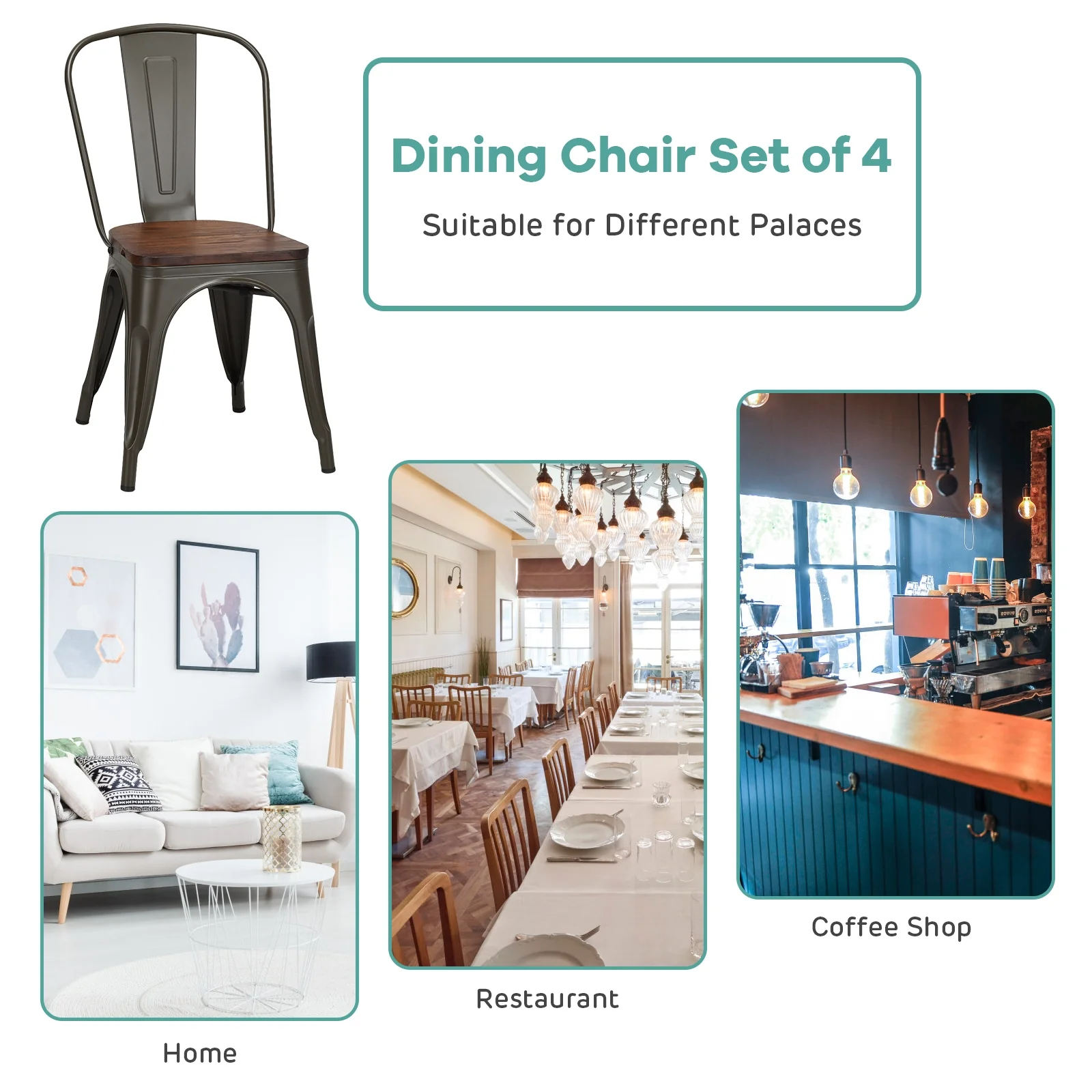 18 Inch Stackable Metal Wood Dining Chair Set of 4, Dark Green - Image 6