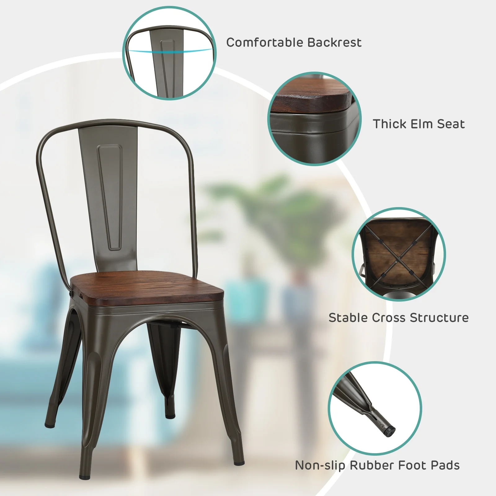 18 Inch Stackable Metal Wood Dining Chair Set of 4, Dark Green - Image 7