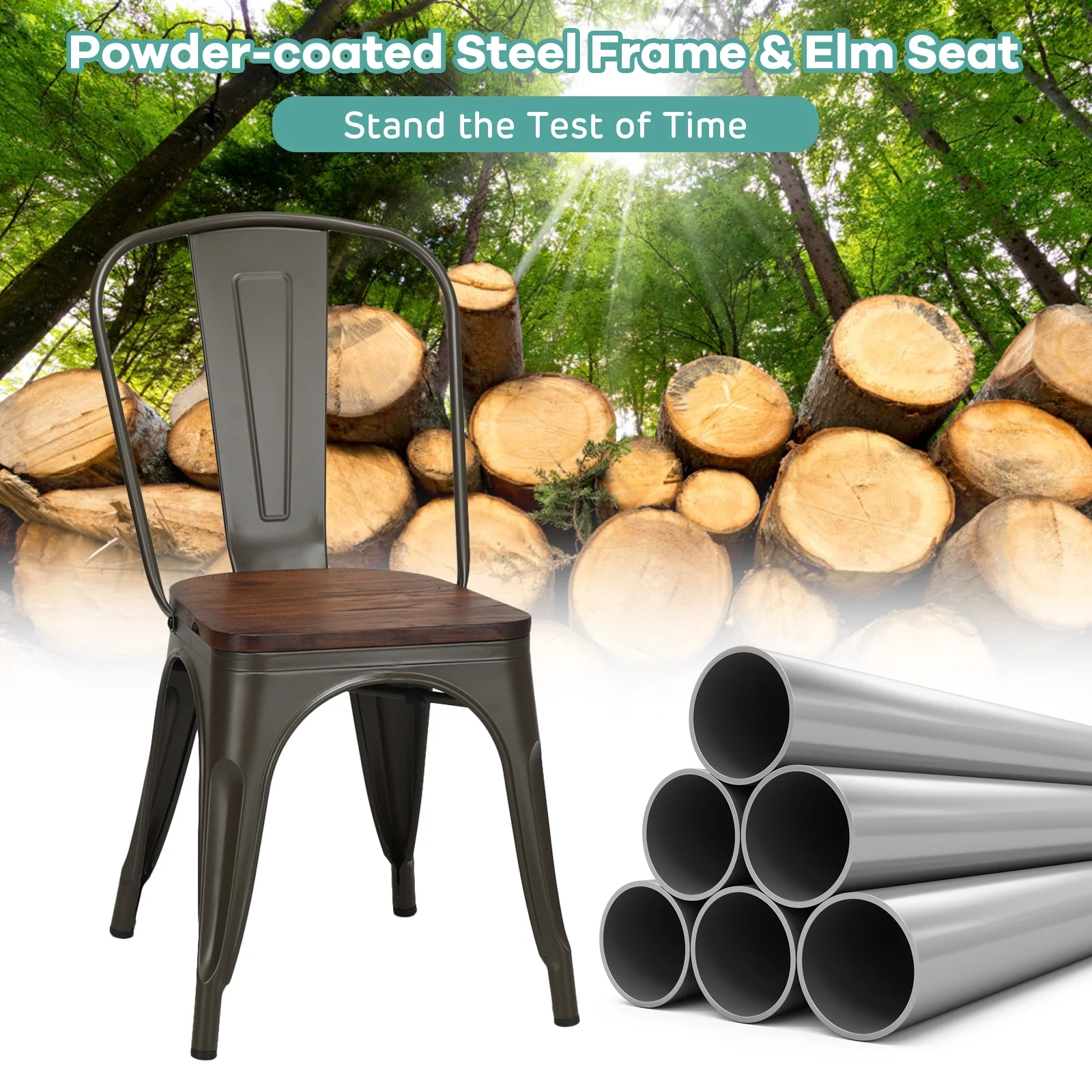 18 Inch Stackable Metal Wood Dining Chair Set of 4, Dark Green - Image 8